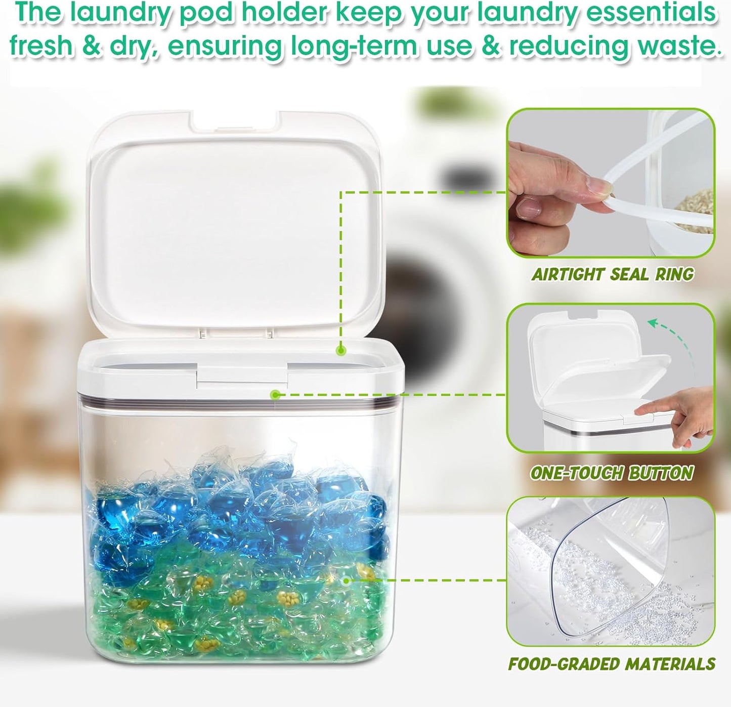 2 Pack Laundry Pods Container with One-Click Pop-up Lid, 95 oz + 68 oz Laundry Room Detergent Storage Container for Laundry Powder, Scent Booster, Dryer Sheet, Dryer Ball, Dishwasher Pod Holder