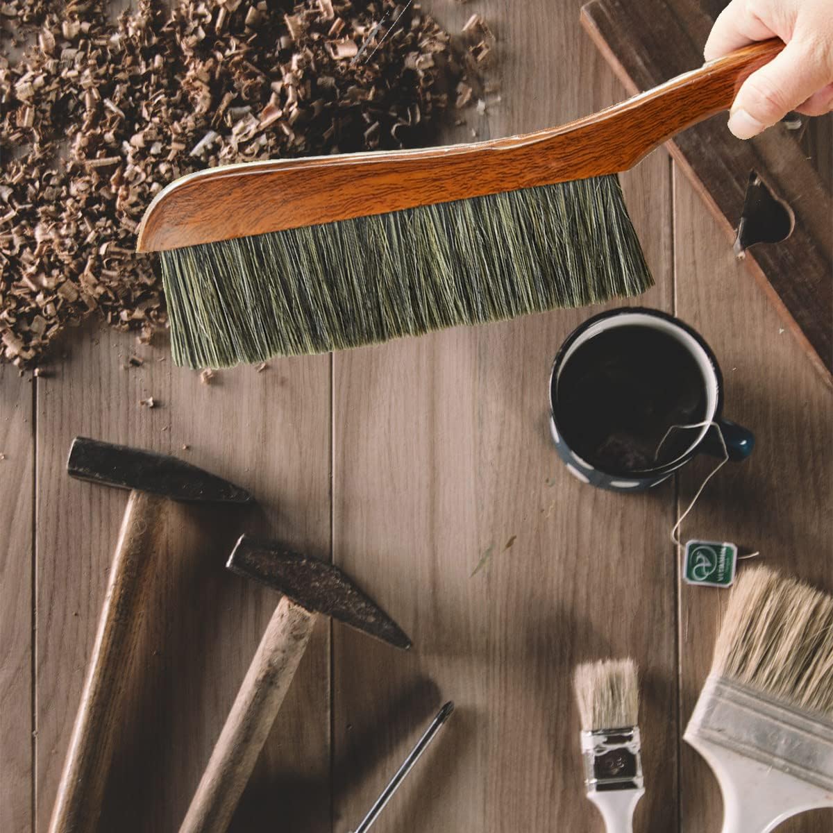 Hand Broom Counter Duster Dusting Brush for Home Cleaning, Soft Dust Brush with Long Wooden Handle for Bed Sofa Furniture Couch Bench Car, 15''Length