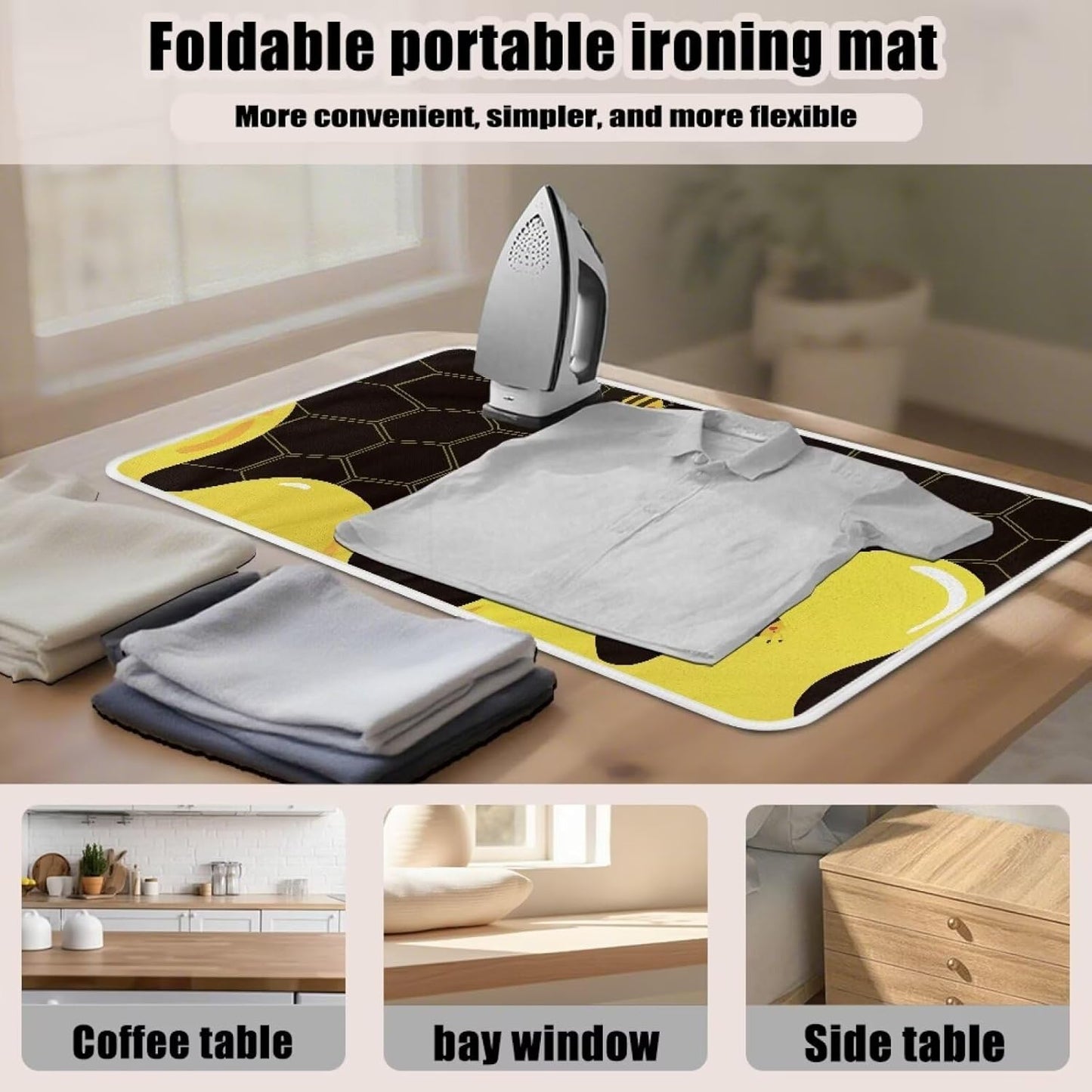 Cute Ironing Mat for Table top Washer,Dryer,Countertop,Bee Portable Iron Pad Blanket for Washer Dryer Countertop Travel 32 x 16 Inch Small Ironing Pads,Yellow