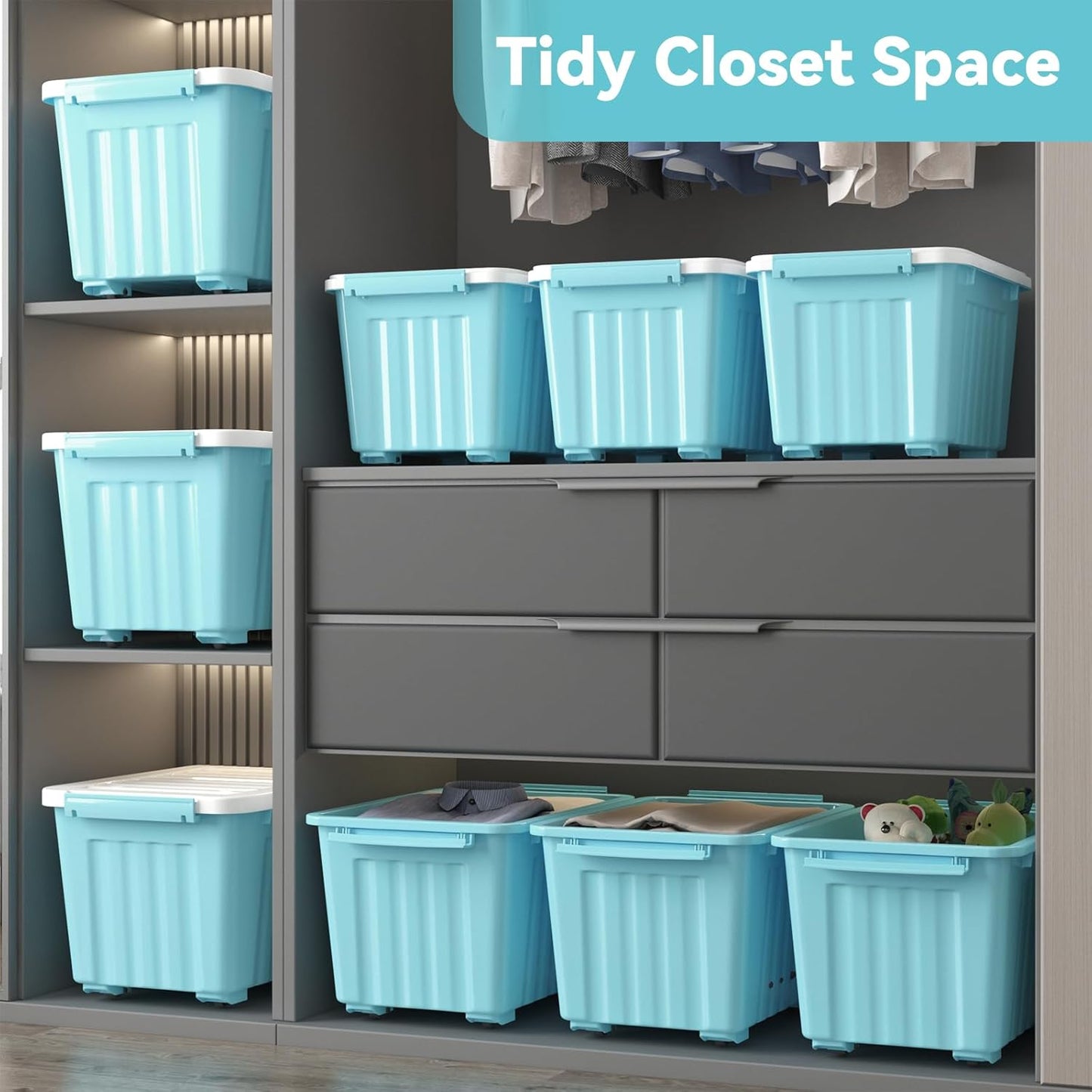 Nazhura 72 Quart Plastic Storage Bin, Stackable and Nestable Storage Boxes with Lids and Secure Latching Buckles, Large Storage Container (Blue, 72Quart-6Pack)