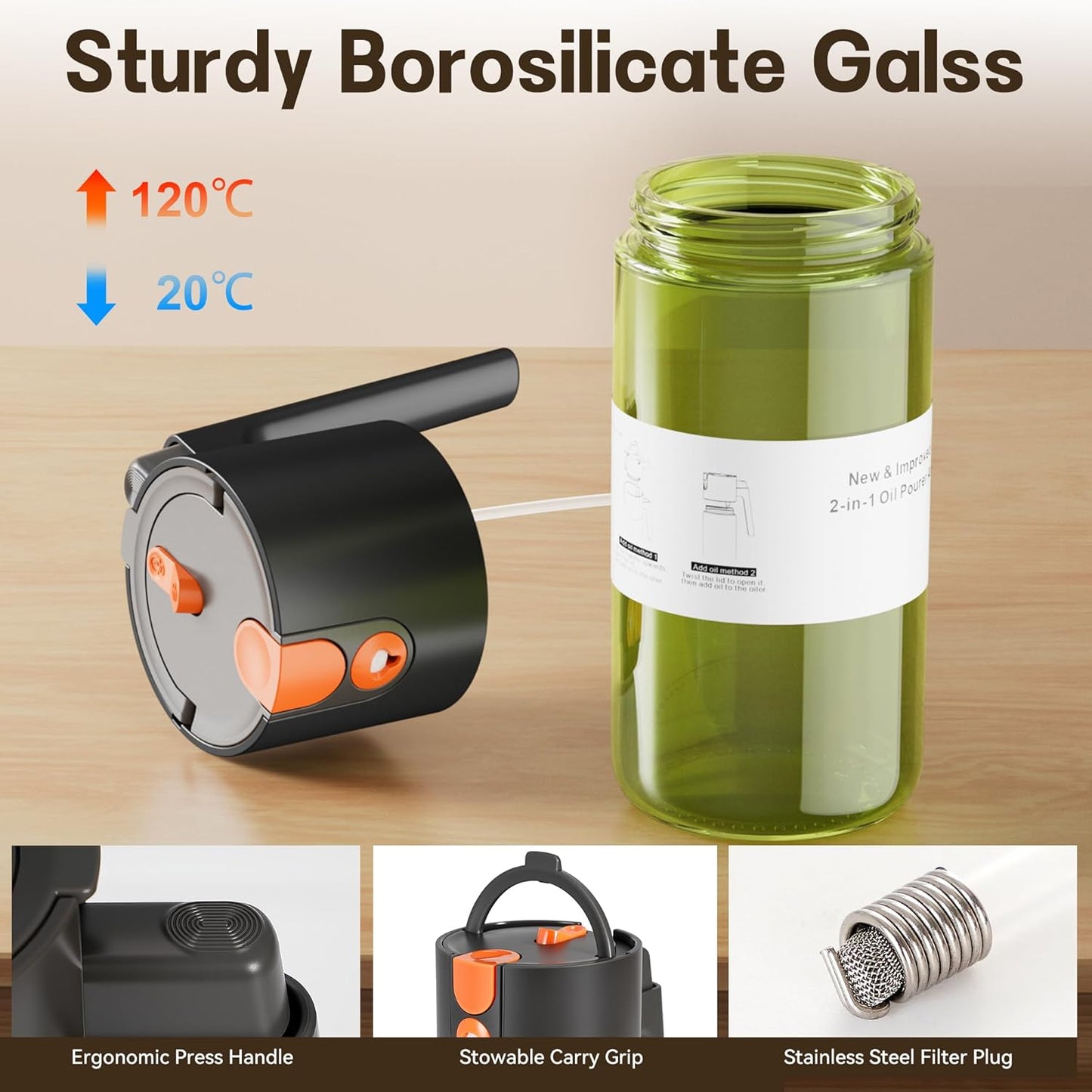 Upgrade 2 in 1 Oil Sprayer for Cooking, 17oz Light-Blocking Glass Olive Oil Dispenser Bottle for Kitchen,Food-Grade Oil Mister with 8 Stickers for Salad, Frying (Green Bottle-Black Cap)