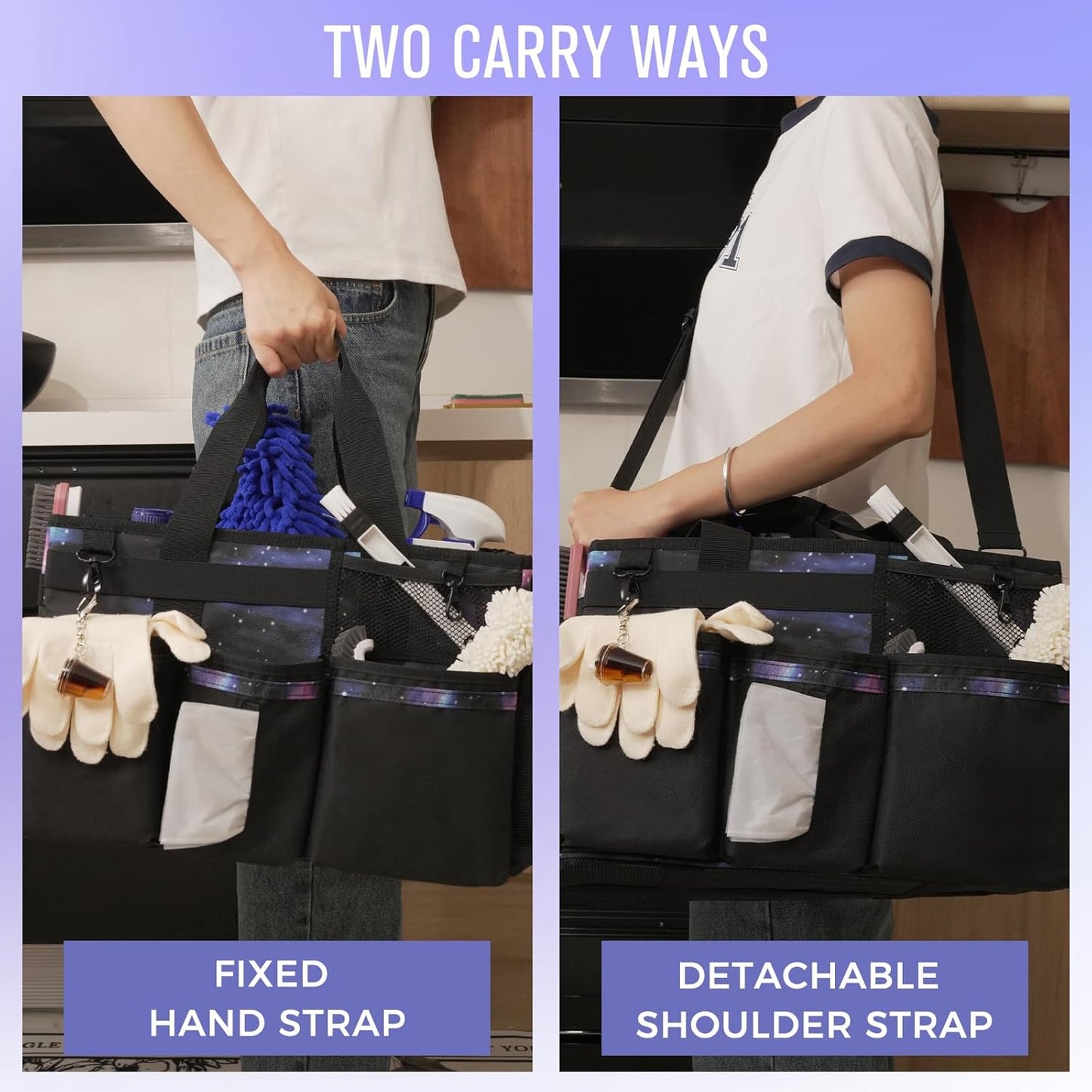 Wearable Cleaning Caddy, Cleaning Caddy Supplies Organizer with Handle & Shoulder Straps for Housekeepers, Under Sink & Car Cleaning Tool Organizers Bag with 4 Foldable Divider (StarrySky)