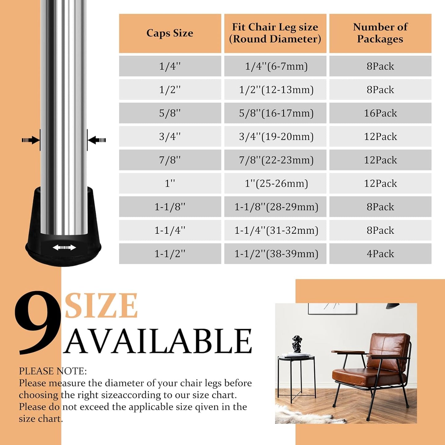 1/4" Round Rubber Furniture Leg Tips Caps, 8 Pack Black Extra Small Furniture Leg Floor Protectors (Fit: 6mm to 7mm)