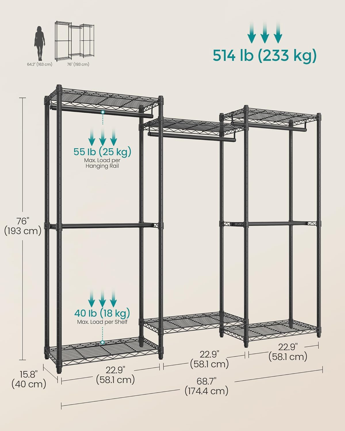 SONGMICS Heavy-Duty Clothes Rack, Garment Rack, Portable Closet, 68.7-Inch Wide Clothing Rack with Adjustable Mesh Shelves and Hanging Rails, Ink Black ULGR433B01