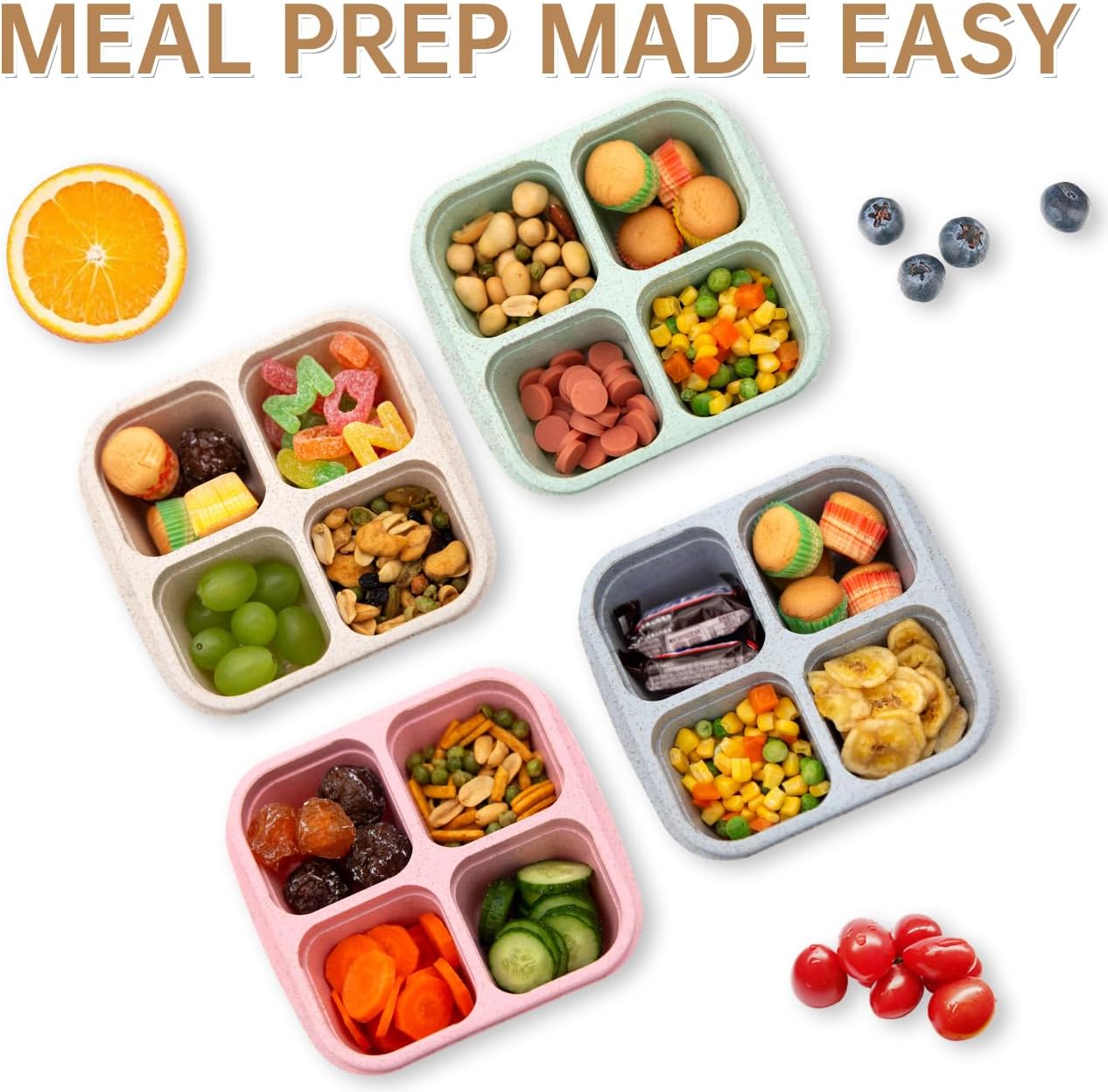 4 Pack Bento Lunch Box,4 Compartment Snack Containers,Divided Bento Snack Box,Meal Prep Containers Kids/Toddle/Adults,Food Storage Containers for School, Work and Travel