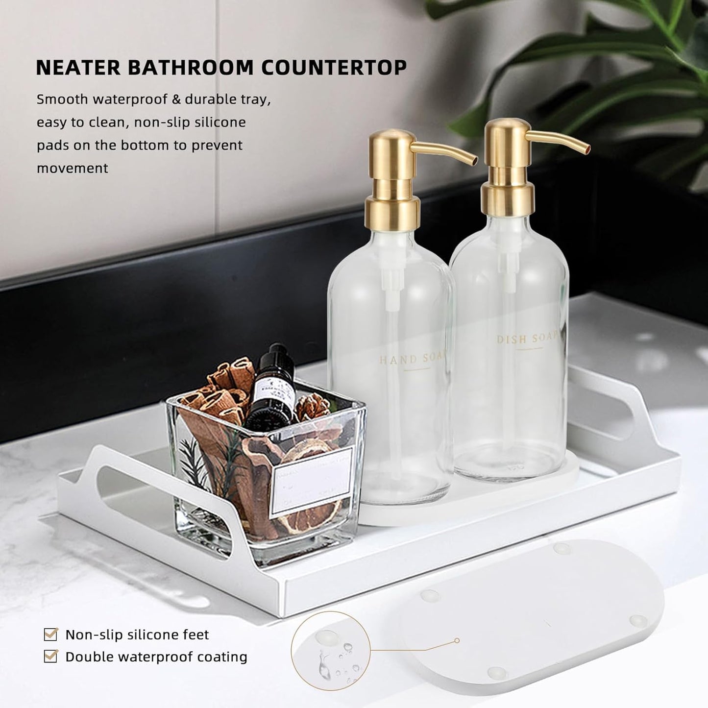 Glass Soap Dispenser - Dish Hand Soap Dispenser Set for Kitchen, Bathroom Soap Lotion Dispenser with 304 Rust Proof Pump, Tray, Clear Bottle/Gold Pump