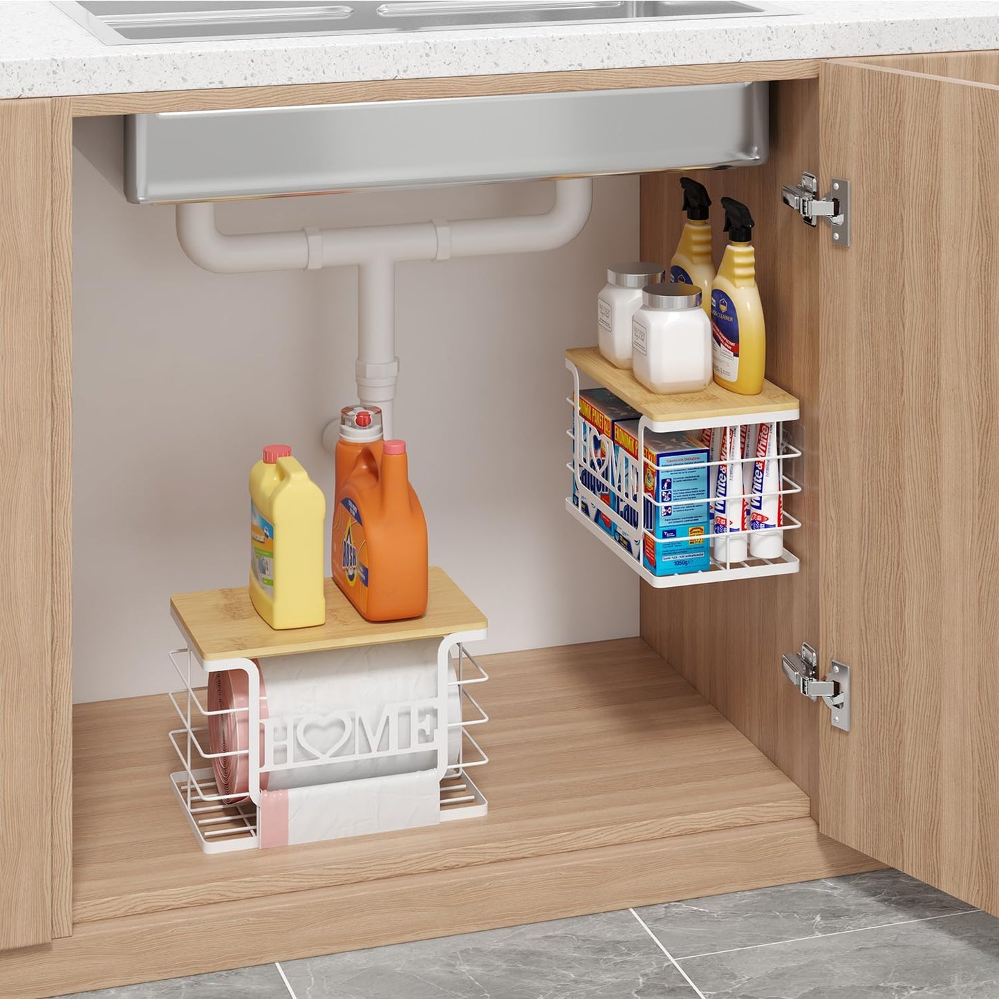 Trash Bag Holder, Thipoten Trash Bags Dispenser with Bamboo Top, Suitable for Garbage Bags Purchased Online or Supermarket, Perfect Storage Organizers for Cabinet, Under Sink (White, 2pack-XL/L)