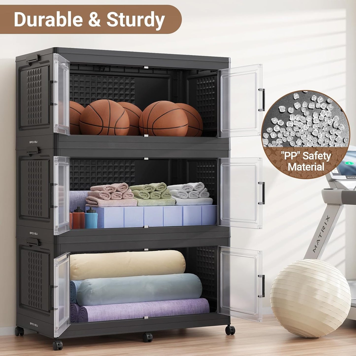 BROVIEW 52.7"H 150Gal Plastic Storage Bins with Lid & Wheels,3Pack Extra Large Stackable Storage Bins with Dividers,Closet Organizers and Storage Cabinet Collapsible Box Shelves for Home Kitchen,Black