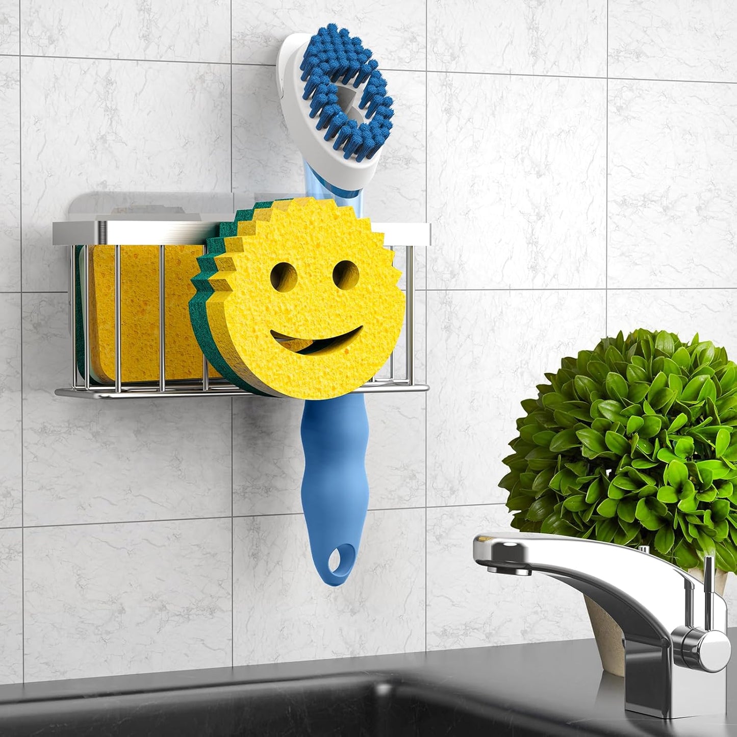 Sponge Holder Smiley Face,Sink Caddy for Kitchen Sink,Sponge Holder with 2 PCS Suction Cups/1 PCS Adhesive Strips,Designed for Sponge,Soap,Dish Brush,Scrubber-Silver