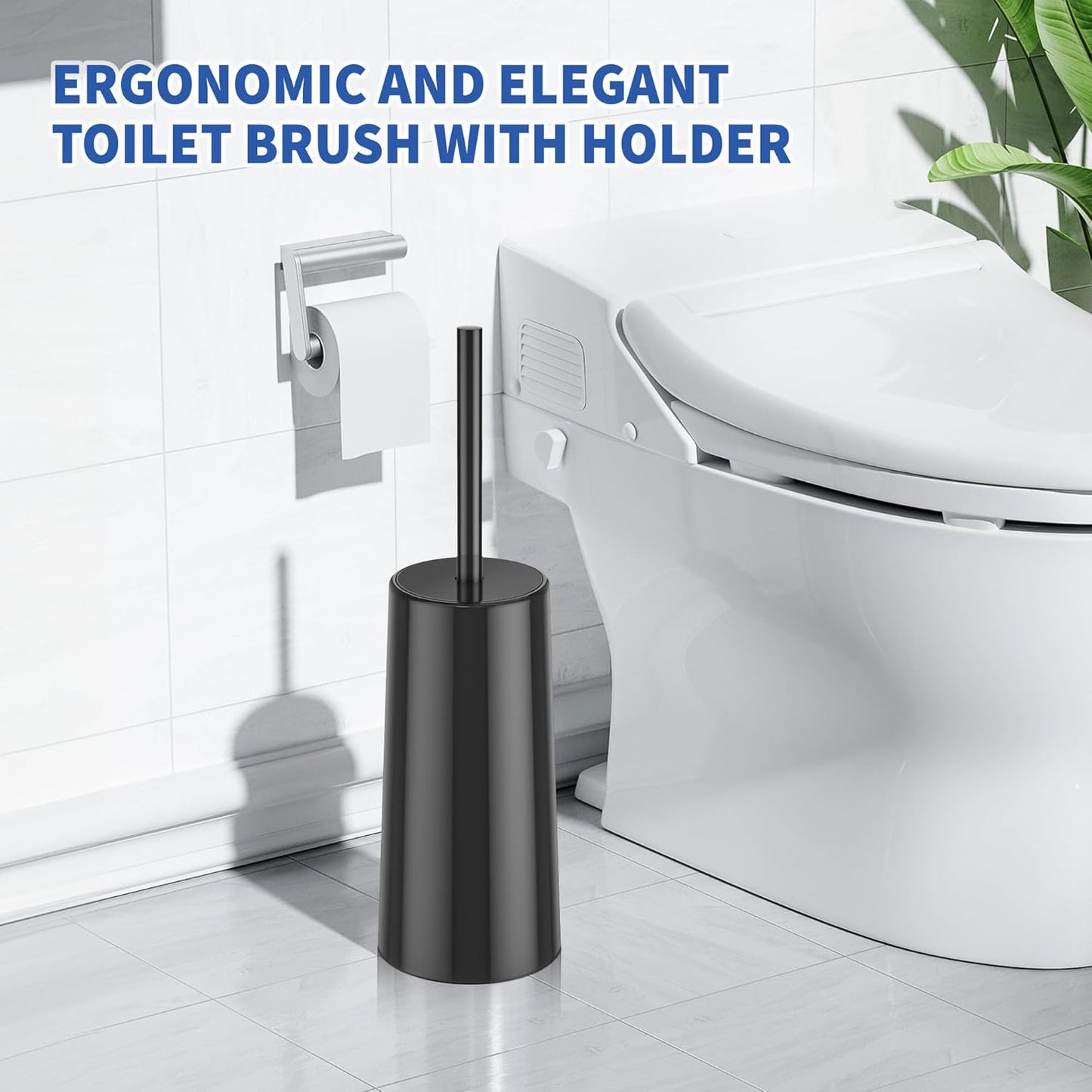 Toilet Brush and Holder, Toilet Brush Stainless Steel, Toilet Bowl Brush for Bathroom Toilet-Ergonomic, Elegant,Durable (Black)
