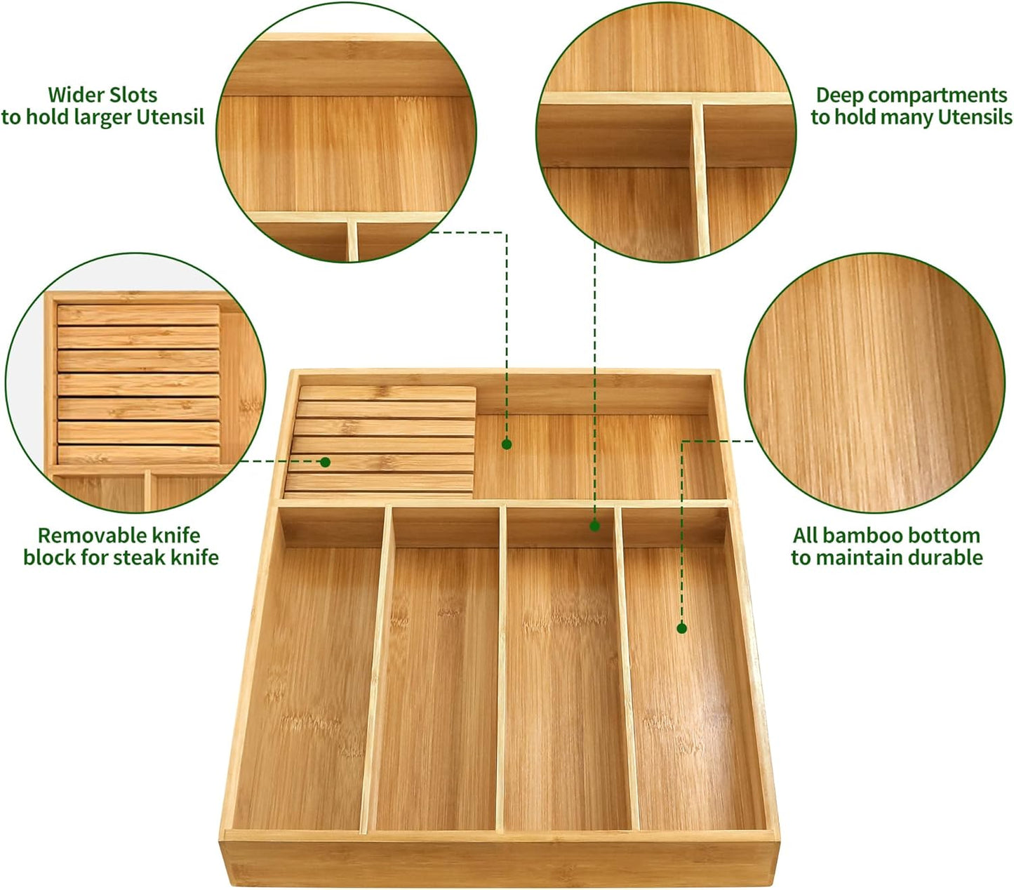 VaeFae Bamboo Silverware Organizer (Non-expandable), Utensil Holder for Drawer, Wooden Cutlery Tray with Divider for Kitchen Drawer, Utensil Organizer with Knife Block