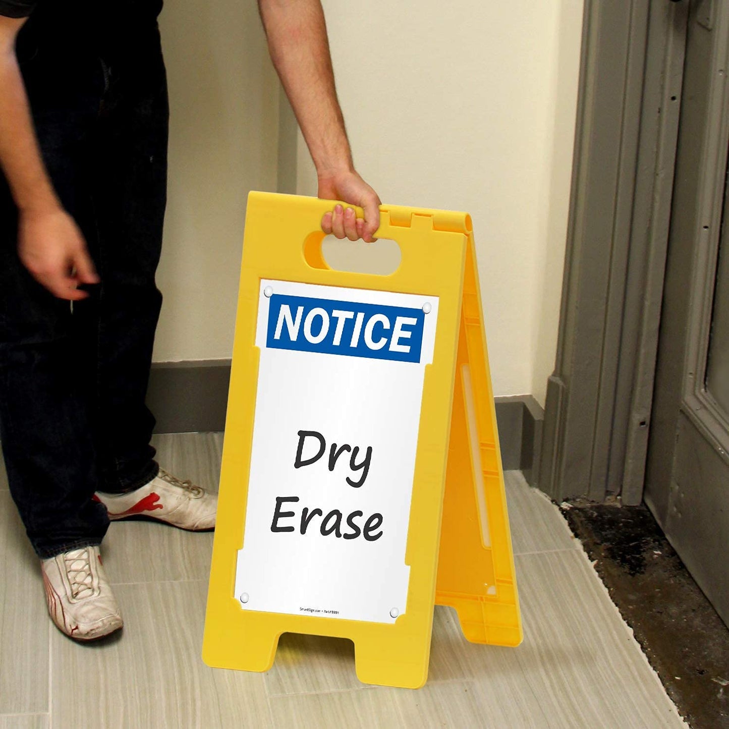 SmartSign 25 x 12 inch “Notice” Write-On Two-Sided Folding Floor Sign, Dry Erase, Digitally Printed Polypropylene Plastic, Multicolor, Made in USA