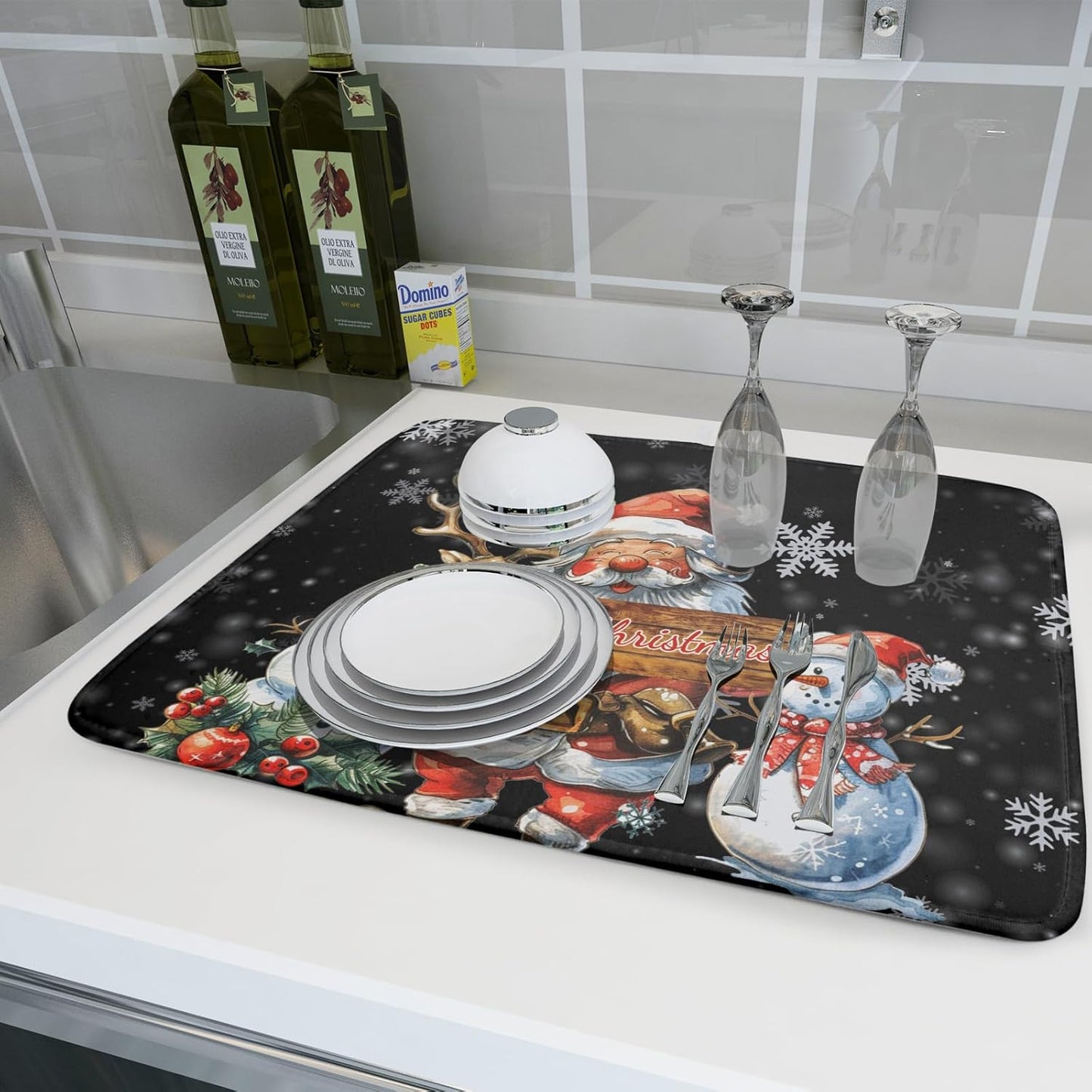 Christmas Santa Snowman Dish Drying Mat 18x24 Inch Winter Xmas Snowmen Santa Drying Mat Absorbent Drainer Pad for Kitchen Counter Christmas Tableware Mats Protector for Black Home Kitchen Accessories
