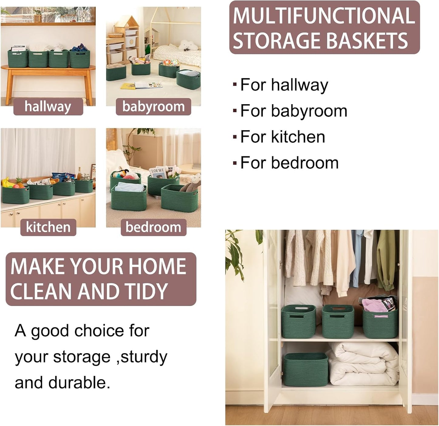 OIAHOMY 4 Pack Storage Baskets for Organizing, Cube Storage Bins for Shelves, Rectangle Storage Baskets With Handles, Woven Baskets for Storage, 12.7''Lx9''Wx7.8''H, Green