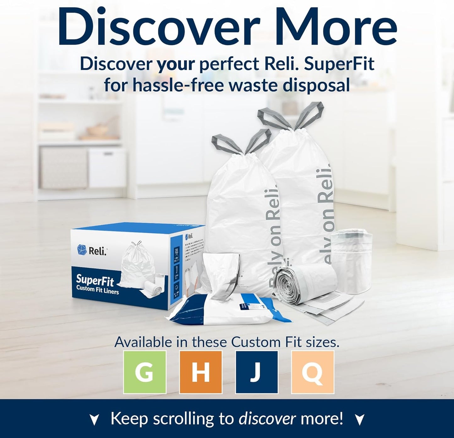 Reli. SuperFit Code G (120 Count) | Compatible with Simplehuman Code G | Dispenser Pack Custom Fit Liners | Drawstring Trash Bags | 30 Liter / 8 Gallon | White