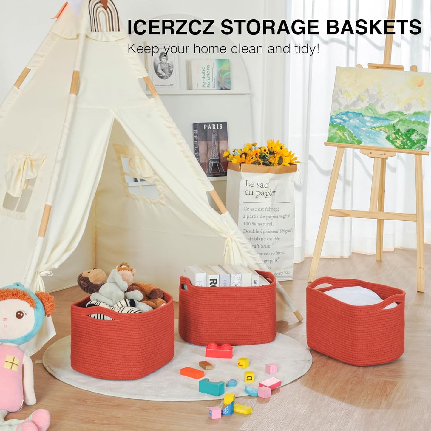 Storage Baskets for Organizing, Storage Basket for Shelves, Toy Towel Basket for Bathroom Nursery, Woven Cotton Rope Baskets for Decor, 15"x11"x9.5", 3 Packs, Brick Red