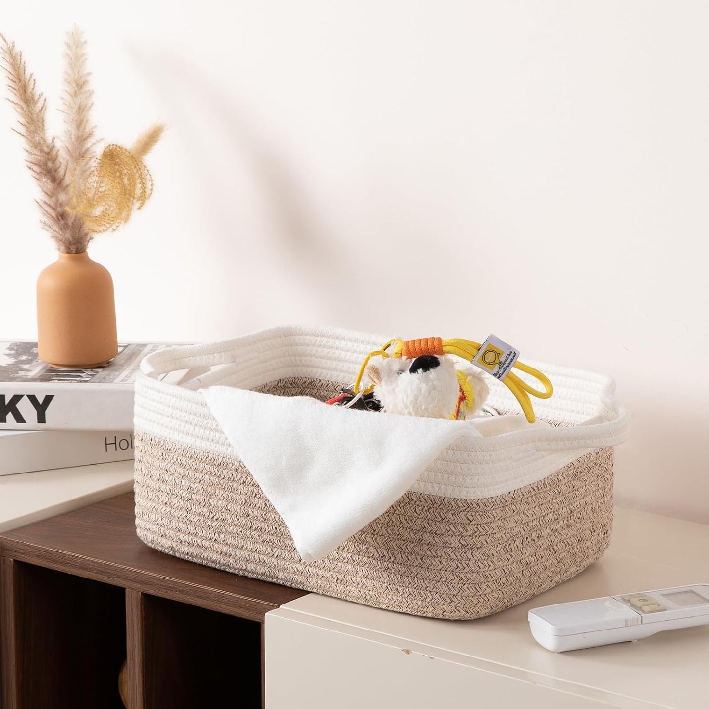 OIAHOMY 3 Pack Storage Baskets for Organizing, Woven Cotton Rope Basket for Shelves, Closet Organizer Bins with Handles, Rectangle Toy Organization, 13.78''×9.84''×5.5'', Brown & White