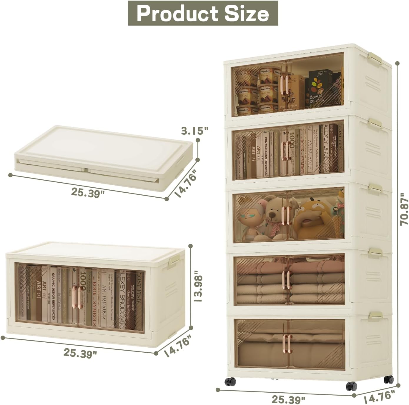 Storage Bins with 5 Lids, 92Qt Extra Large Collapsible Storage Bin with Golden Handles, 5 Packs Stackable Storage Bins with Wheels,Closet Organizers and Storage for Home, Office, Dorms