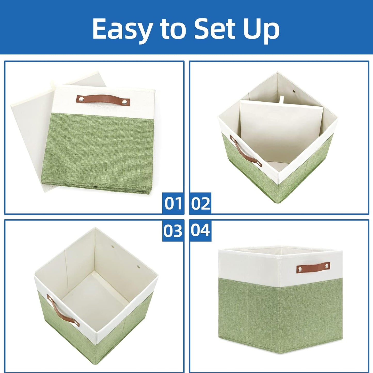 Temary 12 Inch Fabric Storage Cubes Storage Bins with Leather Handles, 4 Pack Cube Baskets Bins for Organizing Closet, Foldable Cloth Baskets for Shelves (White&Green)