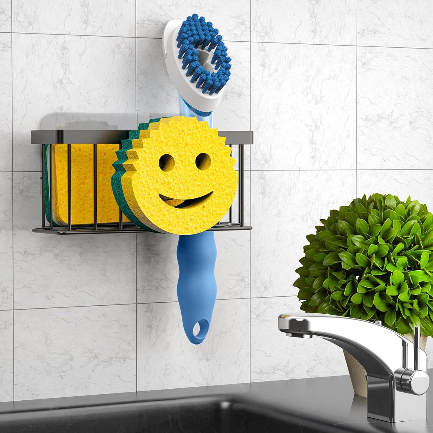 Sponge Holder Smiley Face,Sink Caddy,Sink Organizer with 2 Suction Cups/1 Adhesive Strips,Designed for Sponge,Soap,Dish Brush,Scrubber - Black
