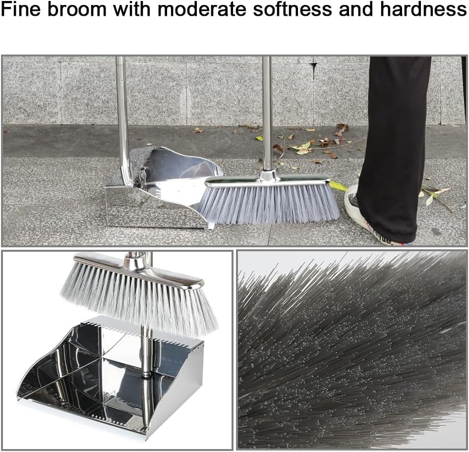 Broom and Dustpan Set,Soft Bristles Indoor Kitchen Broom with Stainless Steel Dustpan ,Metal Dust Pan,Silvery White, Suitable for Ceramic Tiles, Solid Wood, Composite Flooring