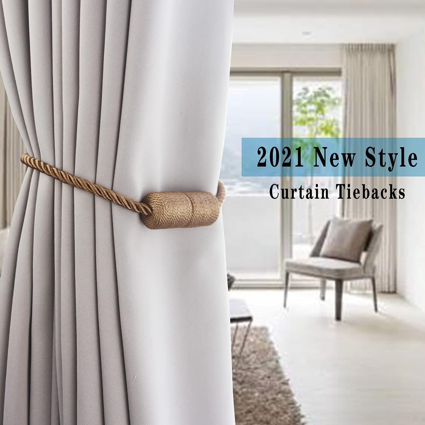 6 Pack Khaki Strong Magnetic Curtain Tiebacks Outdoor Elegant Decorative Tie Backs Modern Rope Tiebacks for Drapes Window Curtain Holdbacks for Draperies