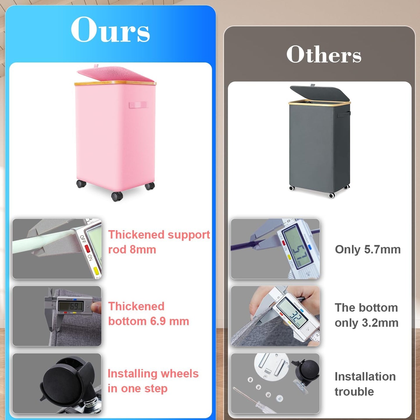 Laundry Hamper with Wheels,20 Gal (75L) Laundry Basket with lid Rolling Clothes Hamper Foldable Dirty Clothes Basket on wheels with Bamboo Frame and Bag for Bedroom, Dorm, Laundry Room-Pink