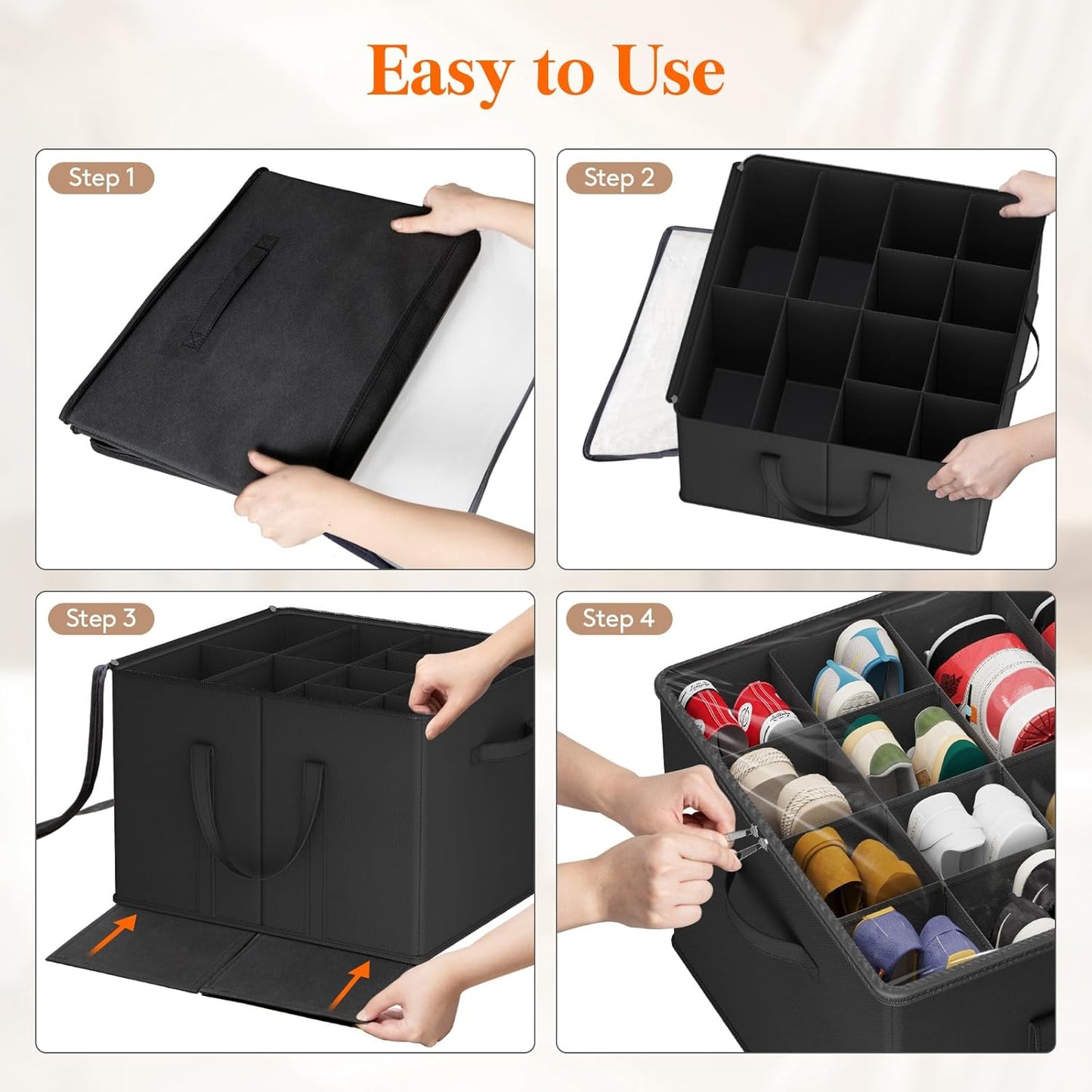 Lifewit Shoe Storage Organizer for Closet Fits 12-16 Pairs, Fabric Large Shoe Box Storage Container with Clear Cover, Foldable Bins Fit for Boots Heels Sneakers 17"(L) x 17"(W) x 12.5"(H) 2 Pack Black