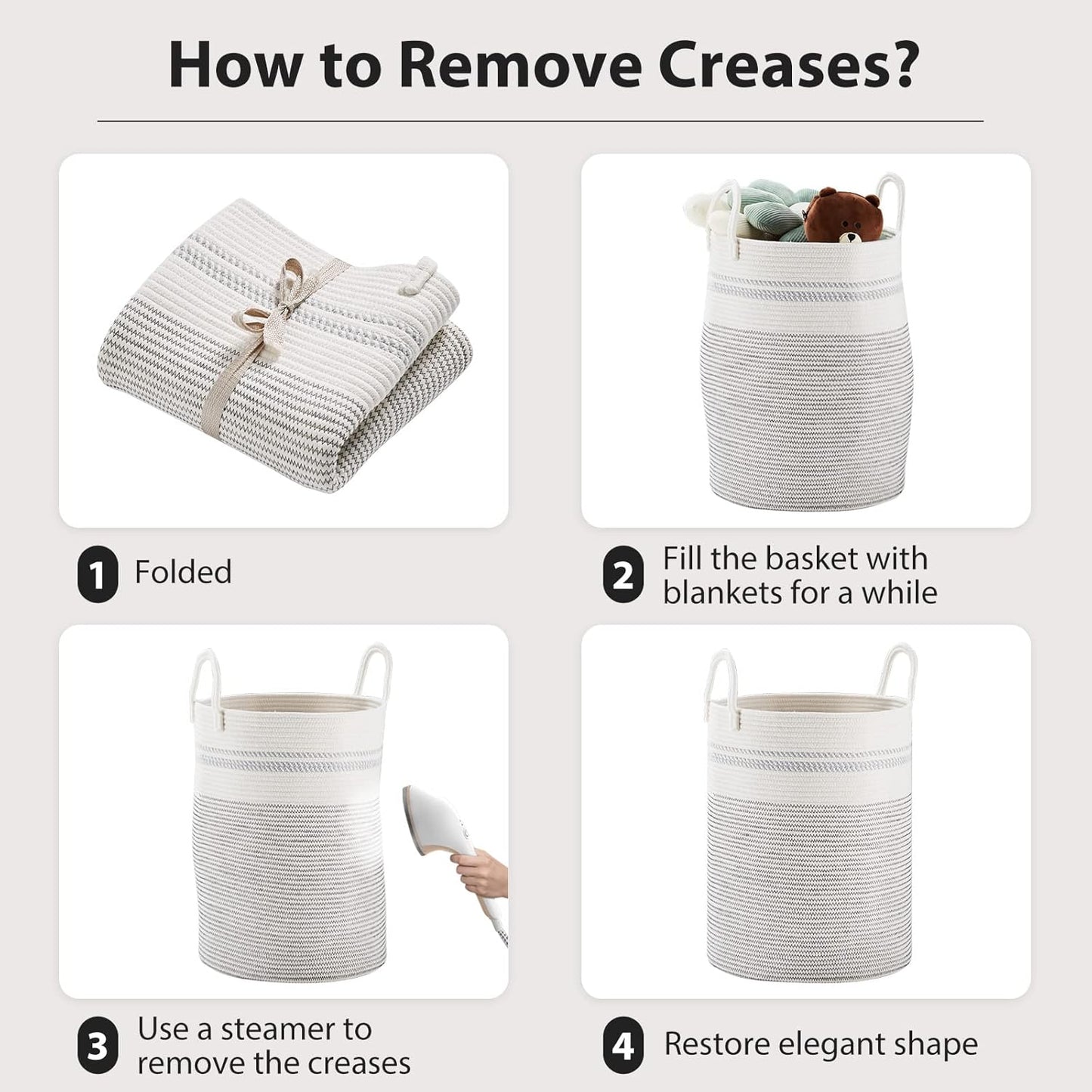 Fiona's magic 58L Woven Rope Laundry Hamper, Tall Boho Laundry Basket Storage, Large Baby Nursery Hamper for Blankets, Toys and Clothes Hamper for Bedroom and Living Room Organizing, Jute, White