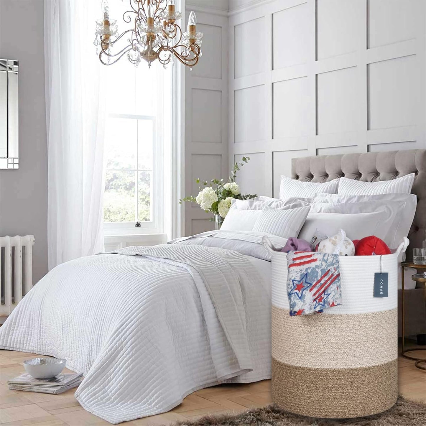 COMSE Extra Large Blanket Basket, Tall Woven Storage Basket, Nursery Hamper, 15.7”x 21.7”, Cotton Rope Laundry Hamper for Toys Clothes Towels, White/Gradient Brown