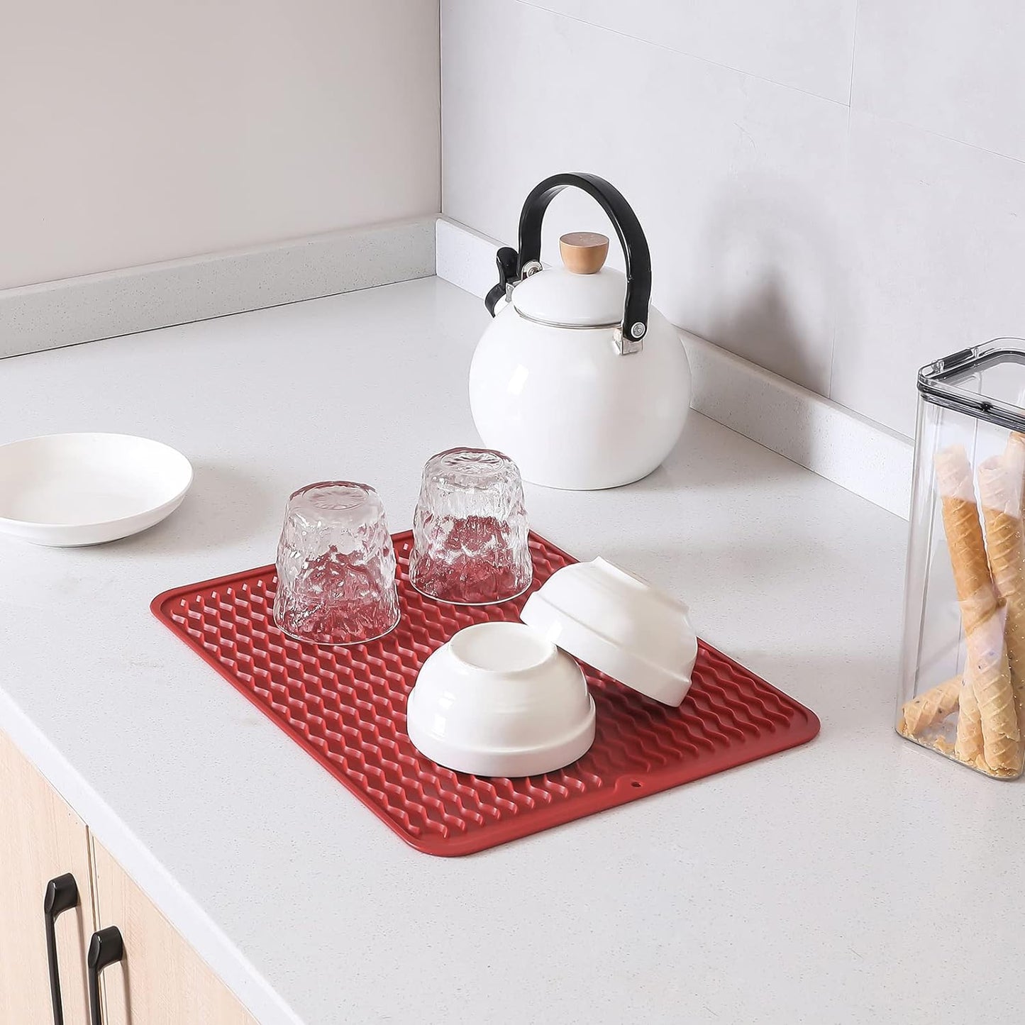 Silicone Dish Drying Mat for Multiple Usage,Easy clean,Eco-friendly,Heat-resistant Silicone Mat for Kitchen Counter or Sink,Refrigerator or drawer liner Red L 16 inches x 12 inches