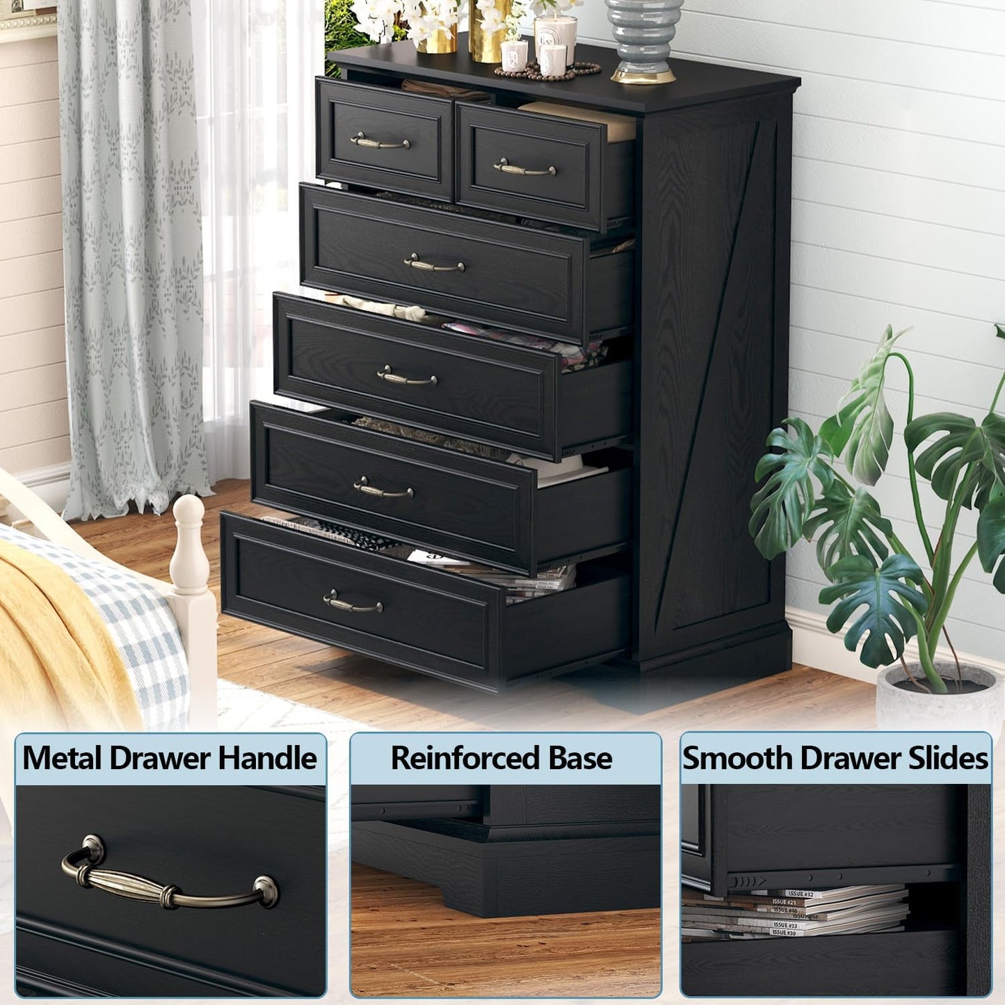 6 Drawer Dresser for Bedroom, 43" Tall Wooden Chest of Drawers, Rustic Farmhouse Dresser with Large Drawers & Metal Handles, Modern Storage Organizer for Closet, Living Room, Hallway, Black