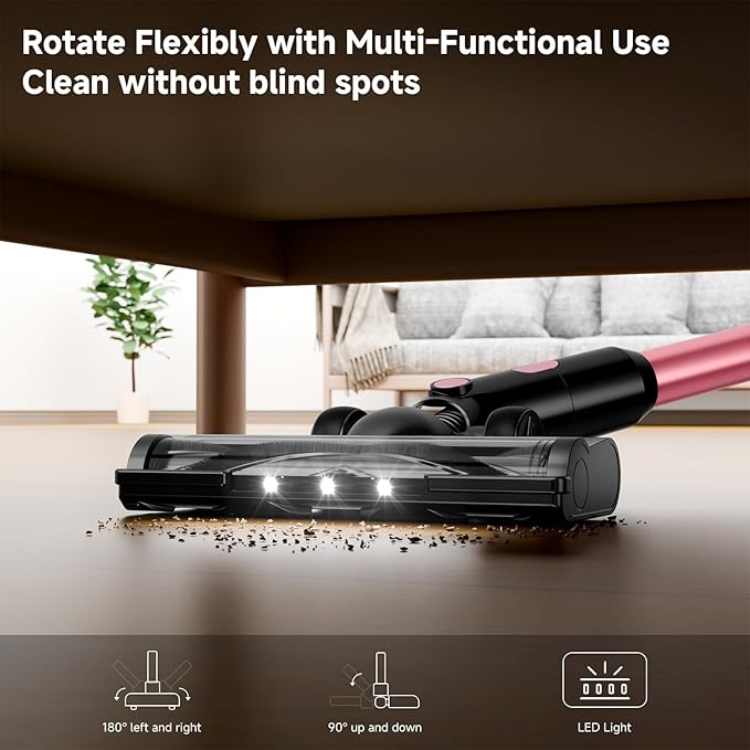 Cordless Vacuum Cleaner, 38Kpa Powerful Stick Vacuum Cleaner with 45mins Rechargeable Battery, LED Anti-Tangle Brush, 8-in-1 Handheld Vacuum Cleaners for Home/Pet Hair/Carpets/Floors, Rose