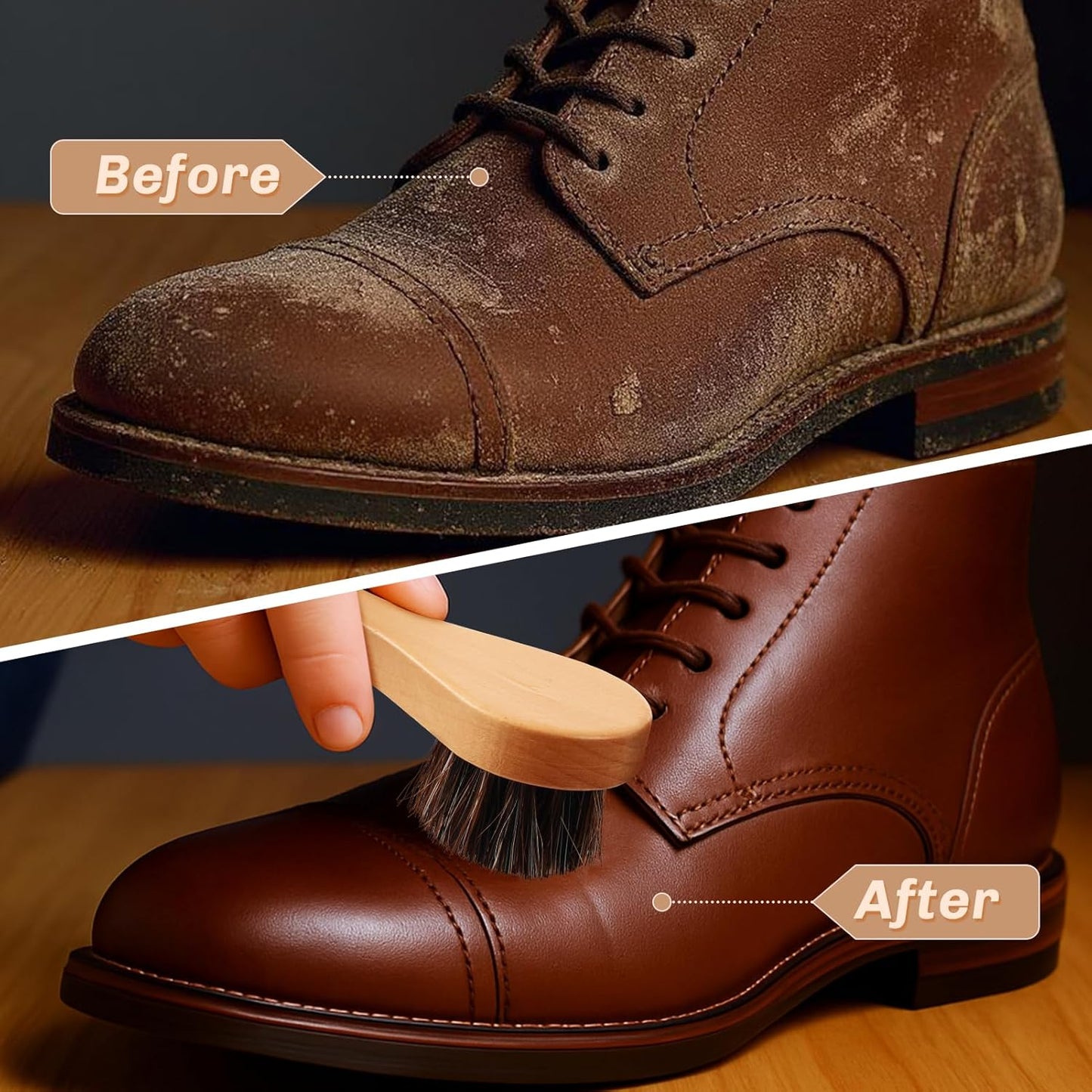 2 Pcs Horsehair Shine Shoes Brush Kit Polish Dauber Applicators Cleaning Leather Shoes Boots Care Brushes Suede Cleaner Brush(Wooden Style F)