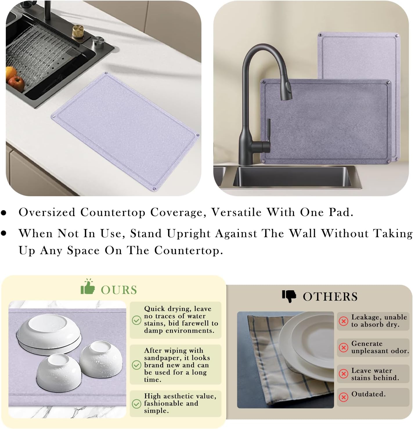 Large Diatomaceous Earth Stone Dish Drying Mats for Kitchen Counter,24"×16",Quick Drying,with 4 Non-Slip Stainless Steel Feet, Suitable for Various Countertops, Bowl Racks, Medium Gray