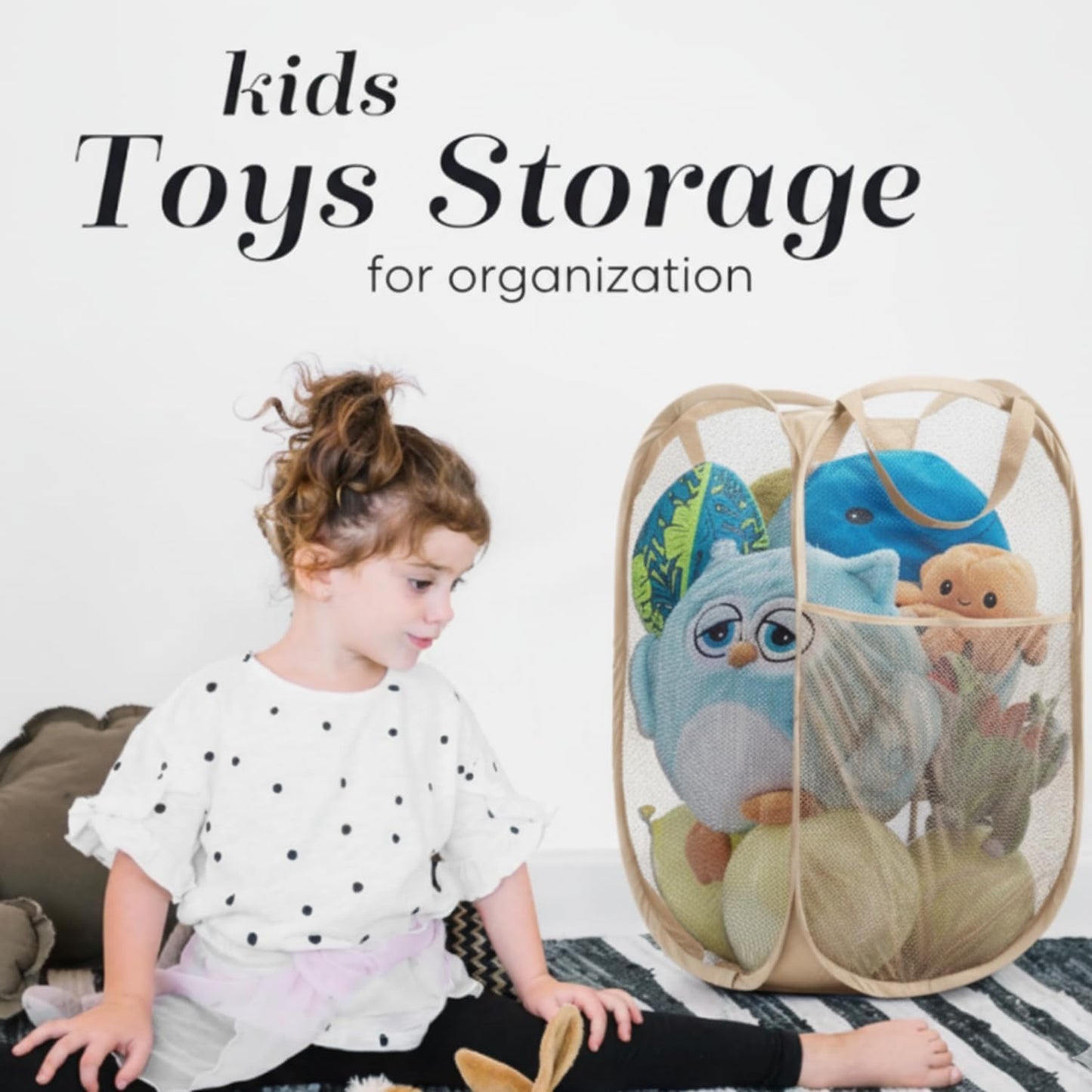 Handy Laundry Collapsible Mesh Pop Up Hamper with Wide Opening and Side Pocket - Breathable, Sturdy, Foldable, and Space-Saving Design for Clothes and Storage (Beige)