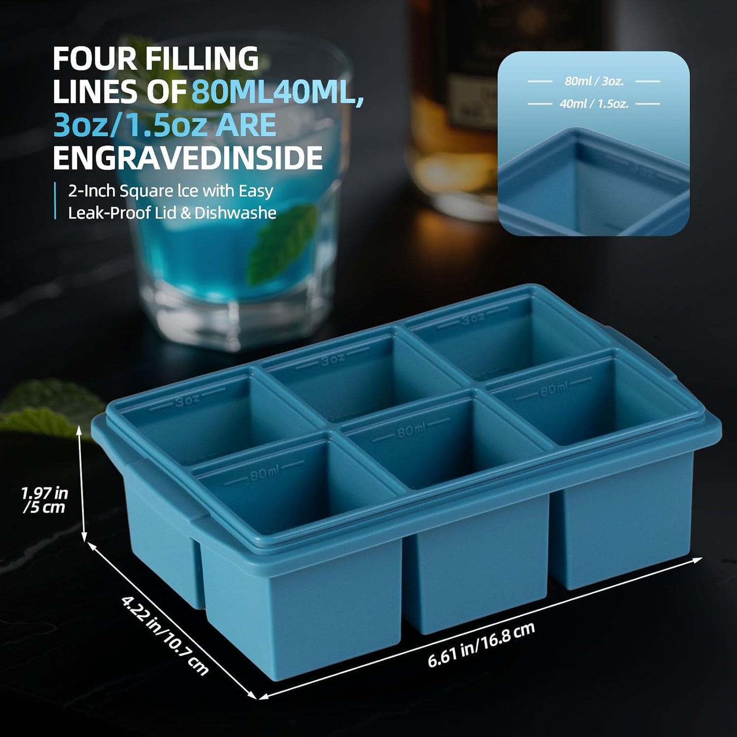 Large Ice Cube Trays for Whiskey (2 Pack) - Silicone Ice Cube Molds with Steel Frame Reinforcement & Lid, 2-Inch Square Ice Cubes for Whisky, Cocktails, Coffee, Tea - Easy Release