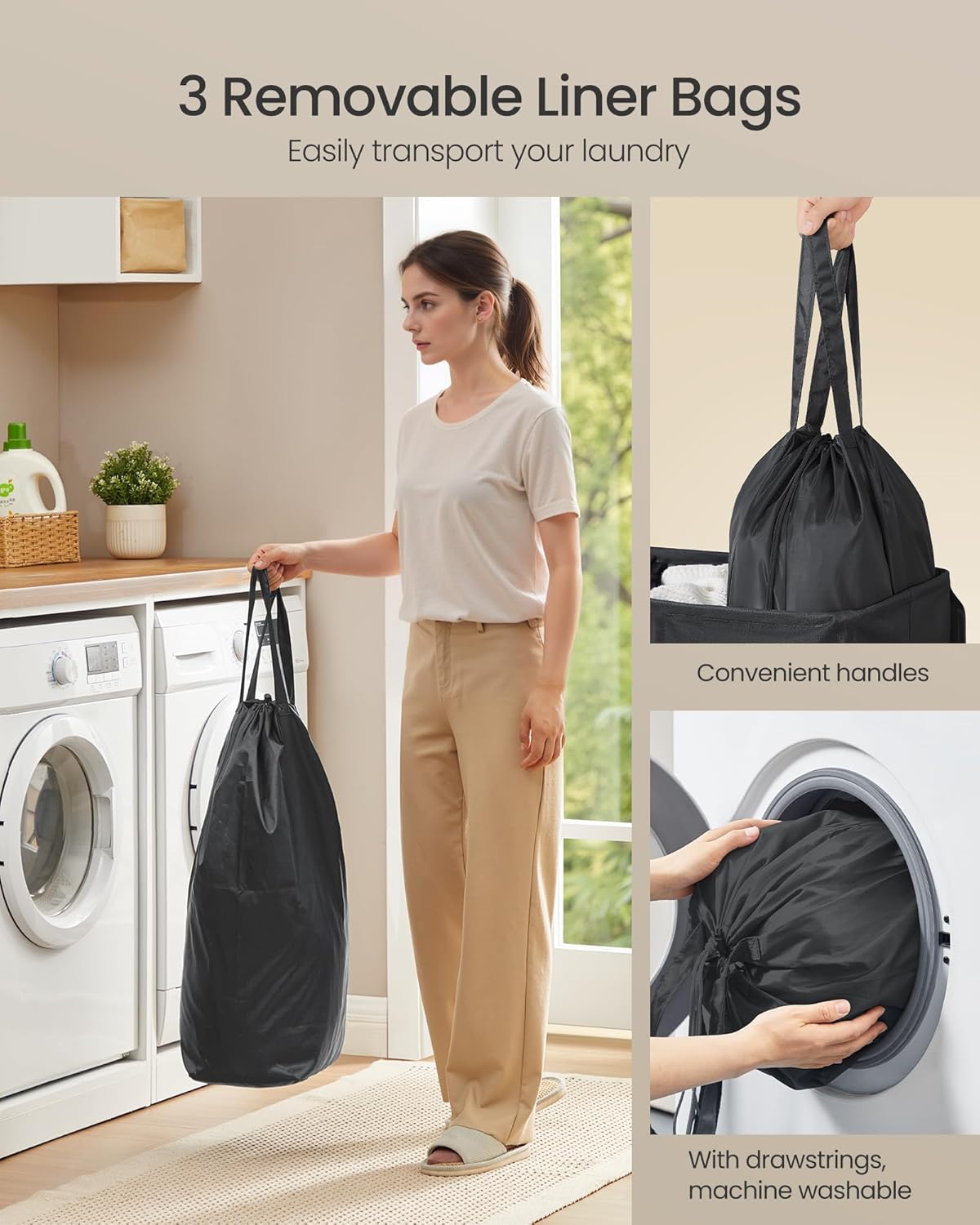 SONGMICS 42.2 Gallon (160 L) Laundry Hamper, 3-Compartment Laundry Basket Sorter with Lid, Labels, Removable Liner Bags, for Bedroom, Ink Black URLH013B01