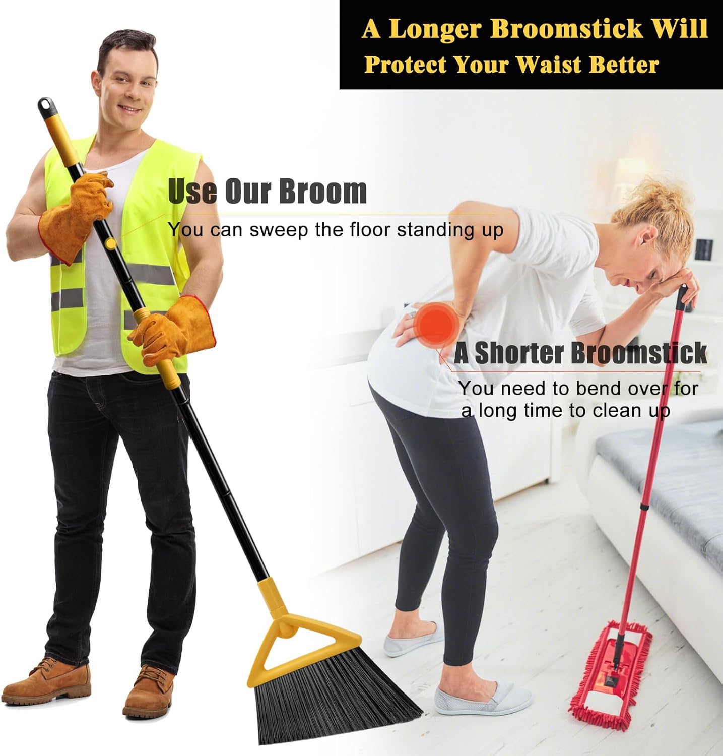Heavy Duty Broom Outdoor and Indoor, 4 Pack Upgraded Commercial Angle Brooms, Perfect Yellow Broom of House, Kitchen, Garage, Courtyard