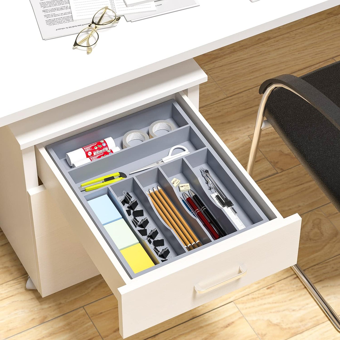 Utensil Organizer Silverware Drawer Organizer - 7 Slots Bamboo Utensil Tray Multifunctional Small Silverware Organizer for Kitchen Utensils, Garage Tools, Makeup Storage W13”x L17” (Grey)