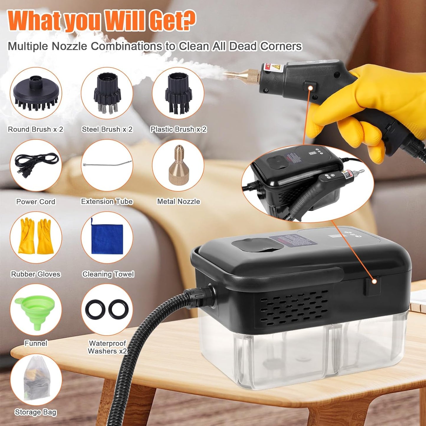 15 in 1 Handheld Steam Cleaner with Handle Button Control, 2500W High Pressure Steamer for Cleaning Car, Multi-Purpose Portable Steam Cleaner for Home Car Upholstery Cleaning Tools, 110V-120V