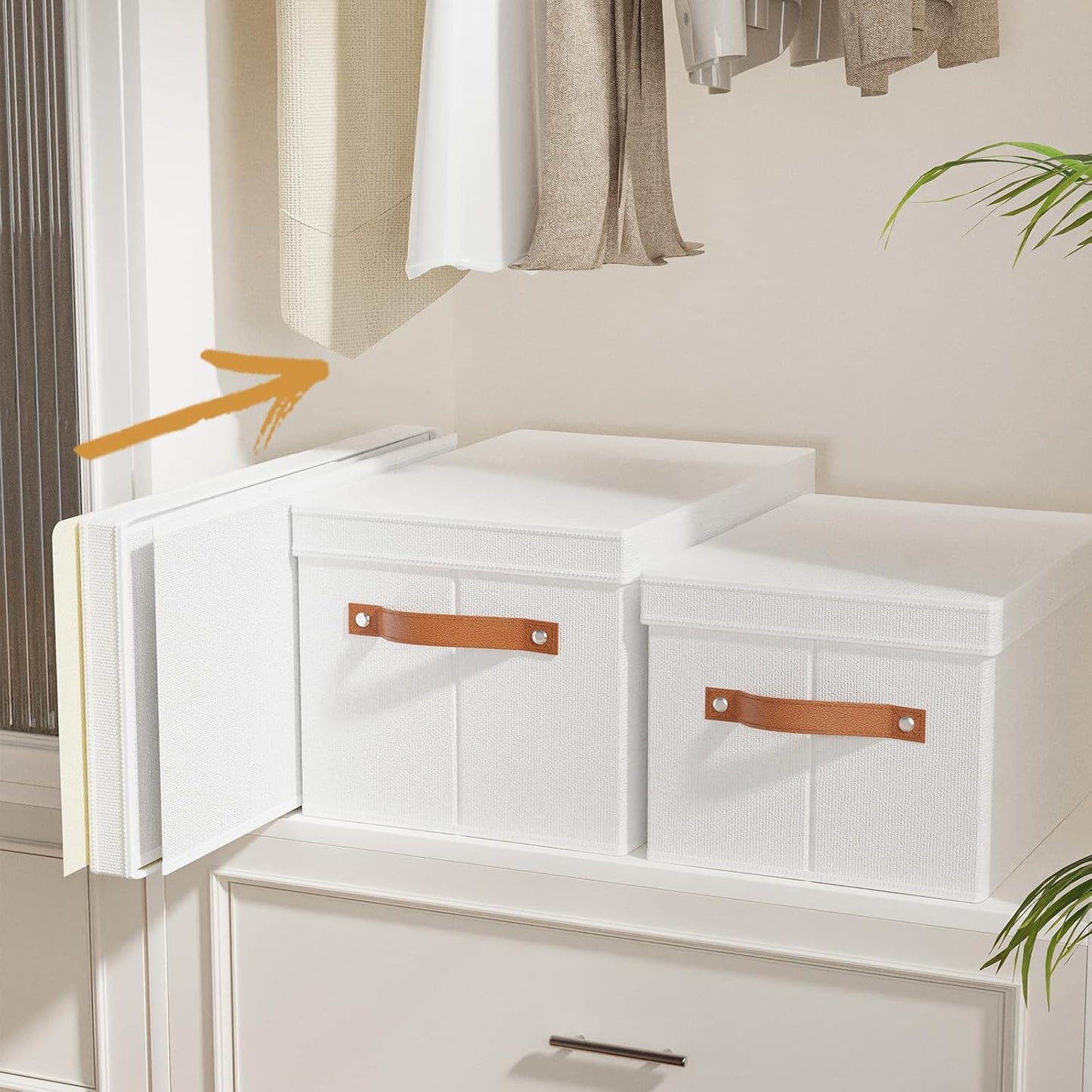 Fabric Storage Bins, 7.1 x 9.1 x 13 Inch Clothes Boxes for Shelves with Lids, Baskets for Organizing with Handles, Decorative Linen Closet Organizers, White, 3 Pack