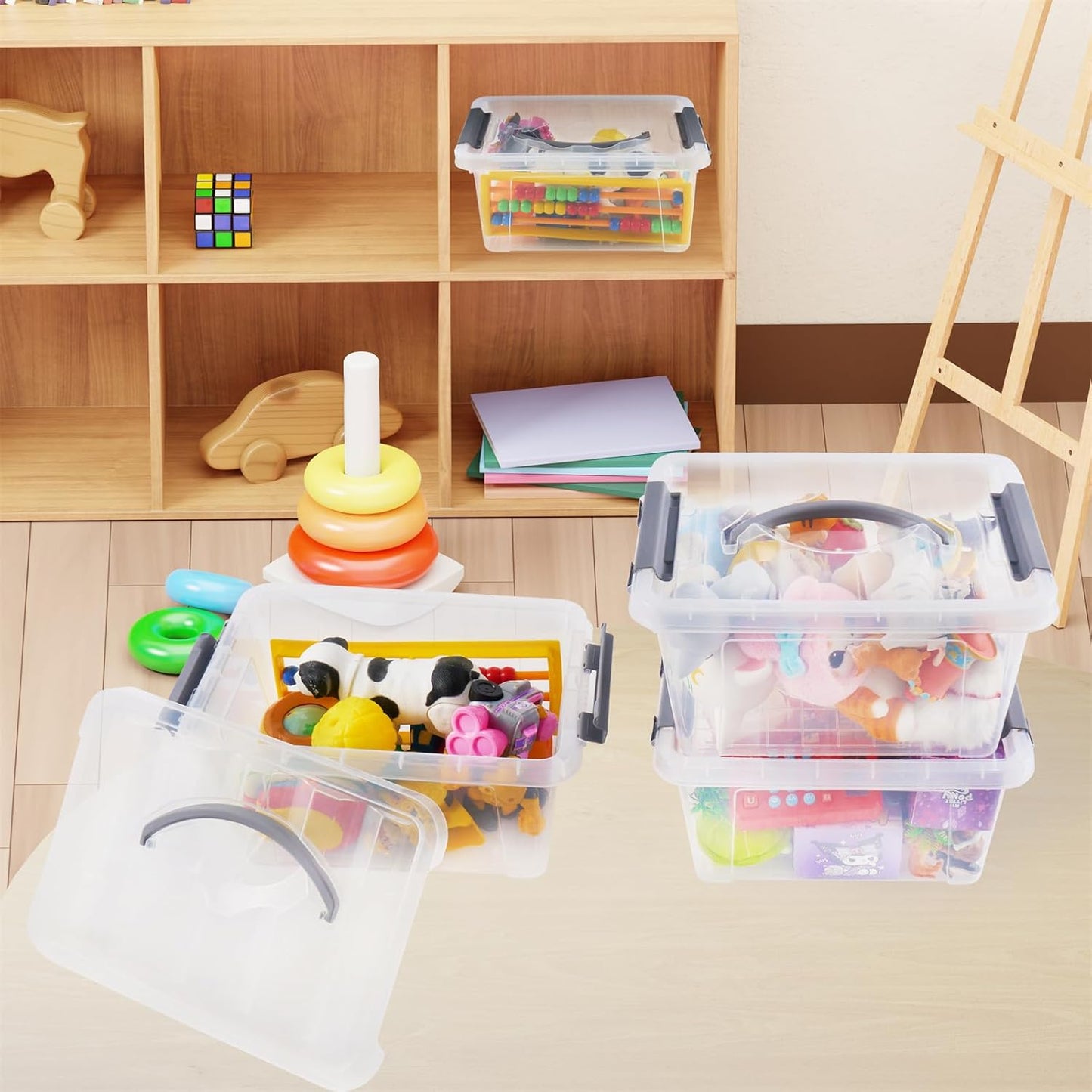 6 Quart Plastic Stackable Storage Latch Bins,Clear Latching Box with Handle and Lid,Pack of 6 (Grey Handle)