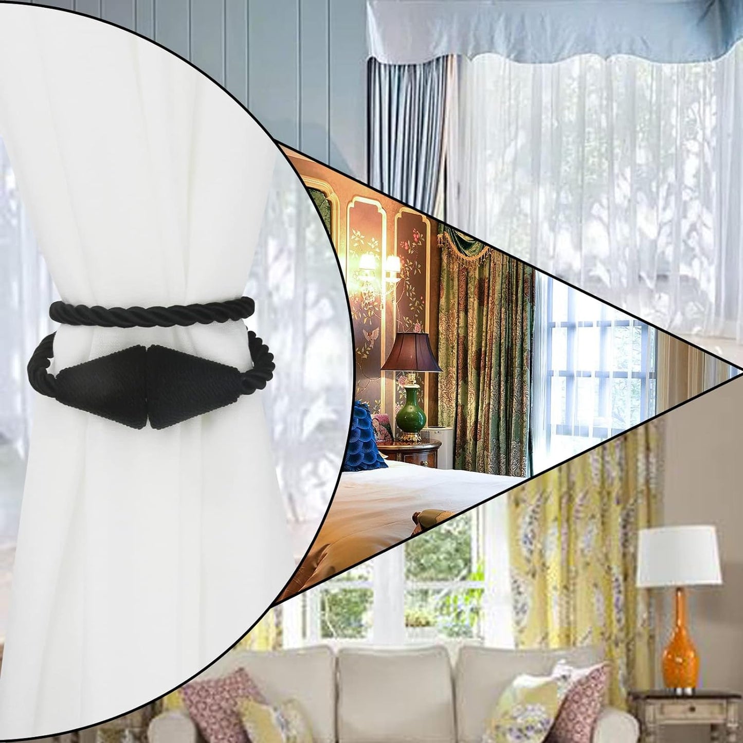 2 Pack Magnetic Curtain Tiebacks Rope Modern Handmade Curtain Tie Backs Decorative Drapes Weave Holdbacks for Window Décor, Black