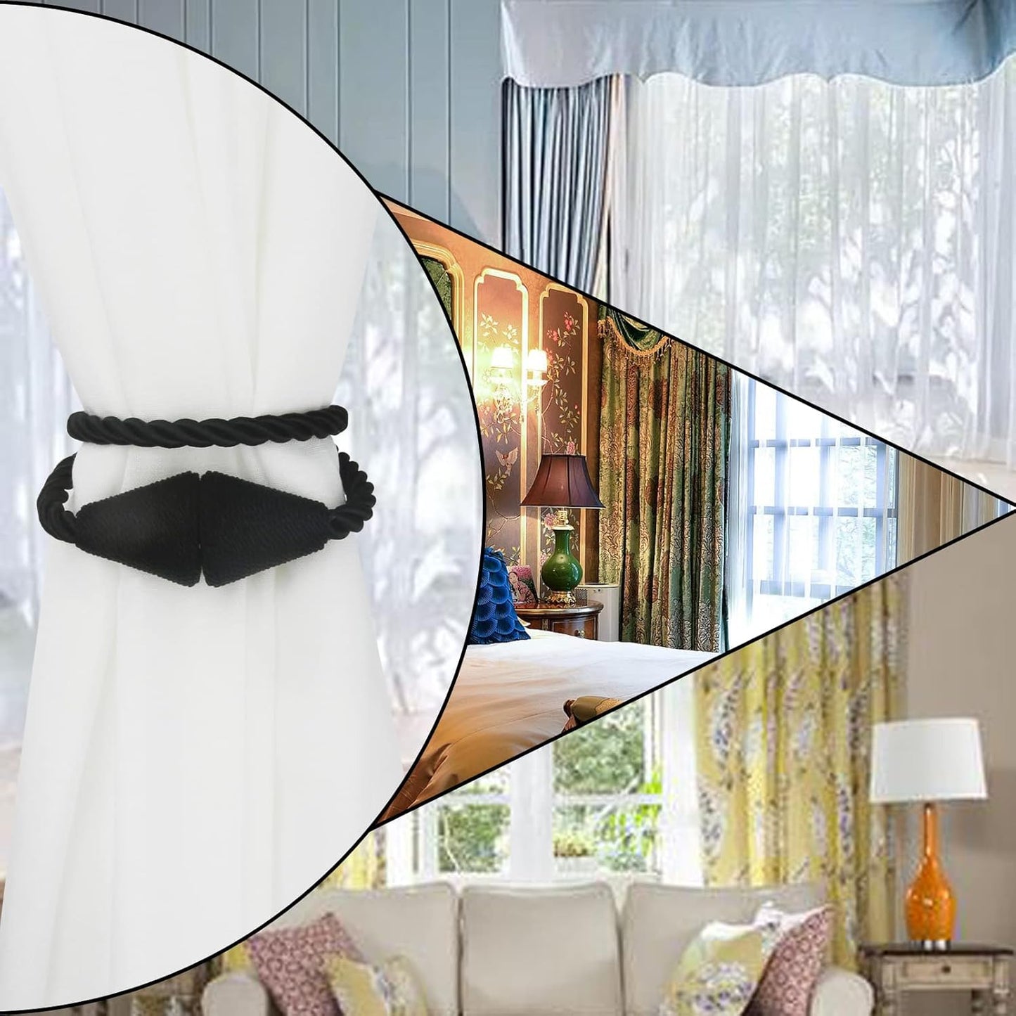 4 Pack Magnetic Curtain Tiebacks Rope Modern Handmade Curtain Tie Backs Decorative Drapes Weave Holdbacks for Window Décor, Black