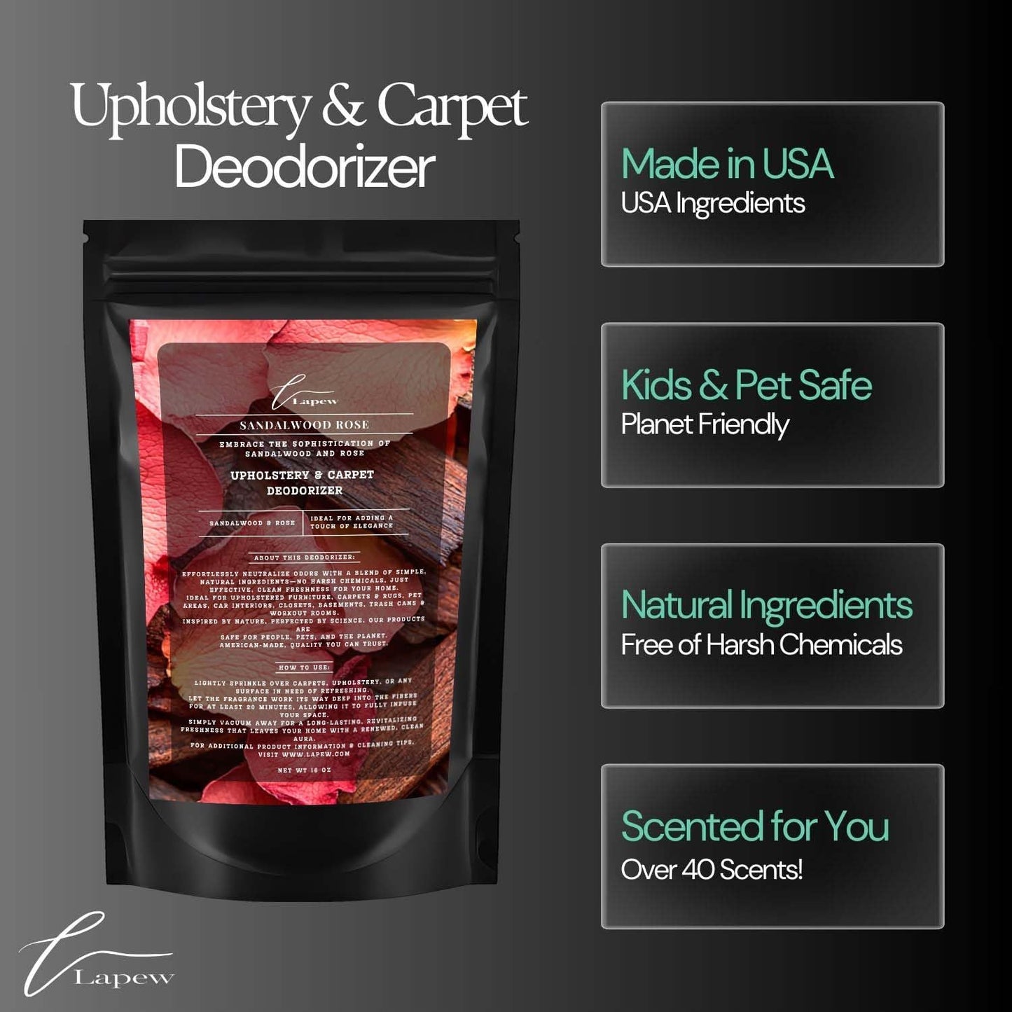 Sandalwood Rose Carpet Freshener Powder: Powerful Odor Eliminator for Home, Upholstery Deodorizer, Carpet Deodorizer, Pet Urine, Cat Litter Box - Sandalwood Rose Fragrance.