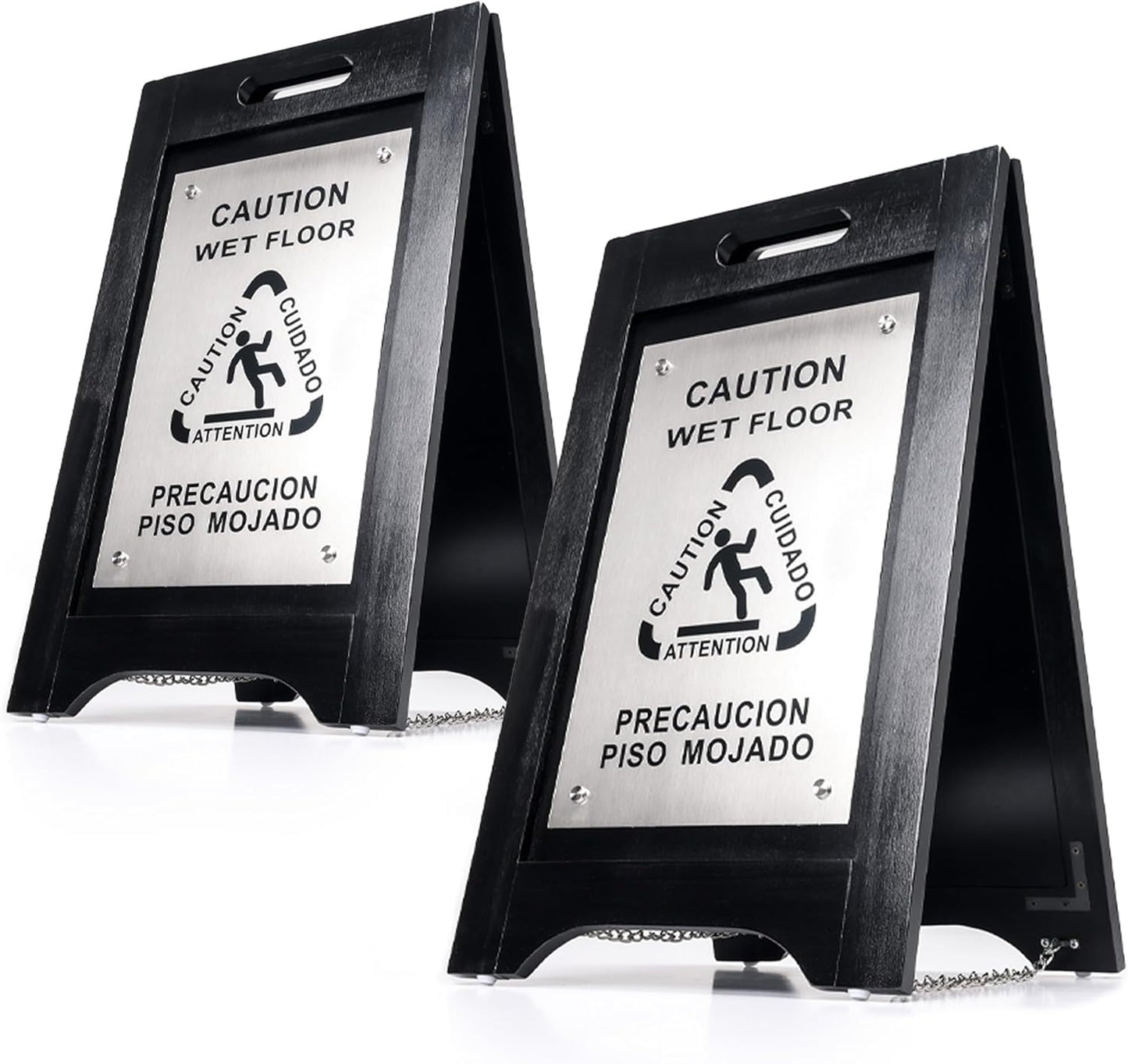 Premium Wooden Caution Wet Floor Sign – Bilingual w/Non-Skid Plastic Feet – For Hotels, Schools, Offices, Areas, Restrooms, Pool Decks & Shops - Black - (2 Pack)