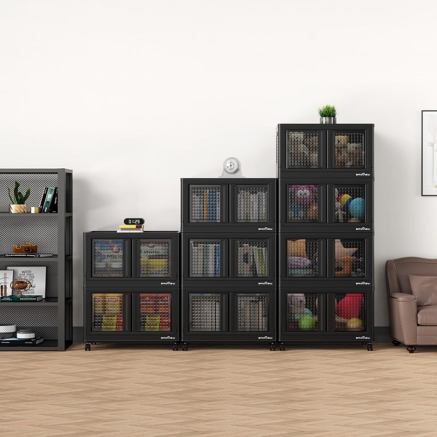 BROVIEW 140Gal Stackable Storage Bins with Lids & Wheels, 560Qt Plastic Collapsible Closet Organizer and Storage Drawers, Storage Boxes Cabinets for Home, Office, 7 Pack, Black