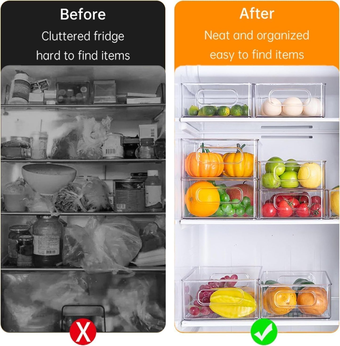 12 Pack Refrigerator Organizer Bins, 3 Sizes Stackable Clear Pantry Storage with Handles and 30 PCS Plastic Bags for Fridge, Freezer, Shelves, Drawer, Snack Organizer for Home & Kitchen