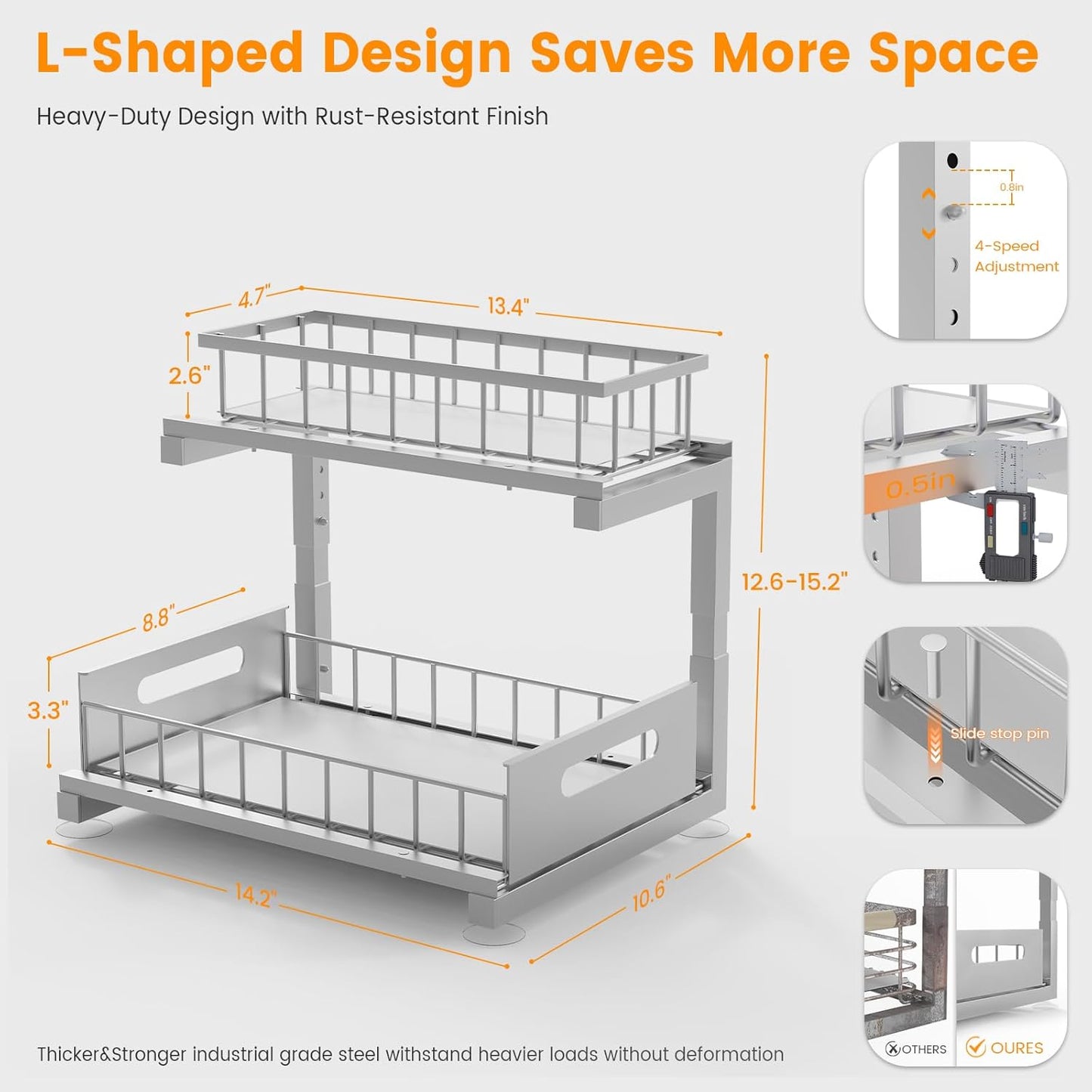 2 Pack Under Sink Organizer, 2-Tier Heavy Duty Metal Pull Out Cabinet Organizer Slide Out Sink Shelf Organizer Height Adustable, Multi-Purpose Storage Shelf for Kitchen Bathroom (Silver, 2 Pack)